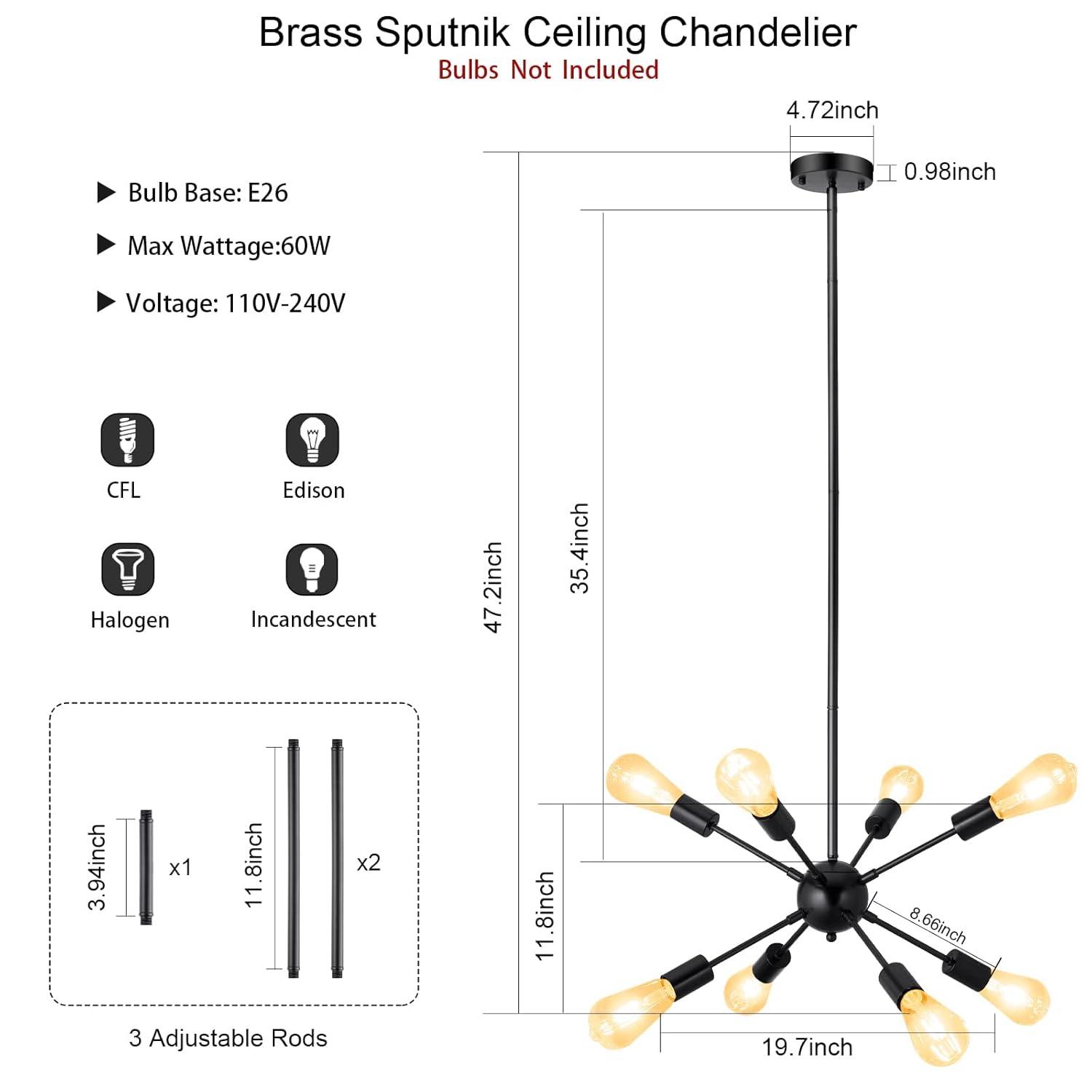 SineRise Sputnik Chandeliers Black, 8 Lights Modern Sputnik Lighting Fixture with Adjustable Height for Dining Room, Living Room, Kitchen, Bedroom and Hallway