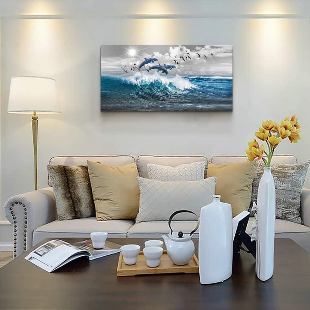 Chilfamy Wall Decorations For Living Room Canvas Wall Art For Bedroom Blue Waves Of The Sea Wall Pictures Artwork Office Canvas Art Print Dolphins Wall Paintings Ready To Hang Home Decor 20x16 Inch