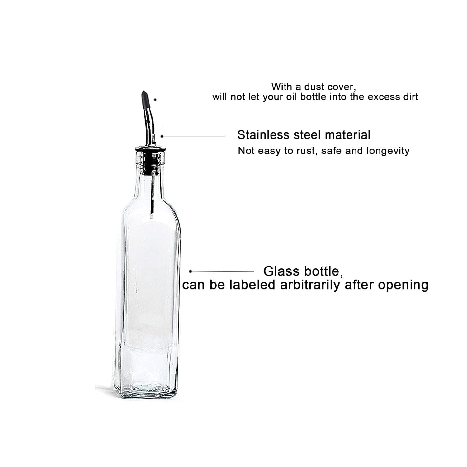 Soro Essentials- Set of 2- Glass 16 oz. Square Cruet with Stainless Steel Pourer - Vinegar and Olive Oil Bottle Dispenser Oil Bottles for Kitchen with Pourers Square Glass Oil Container