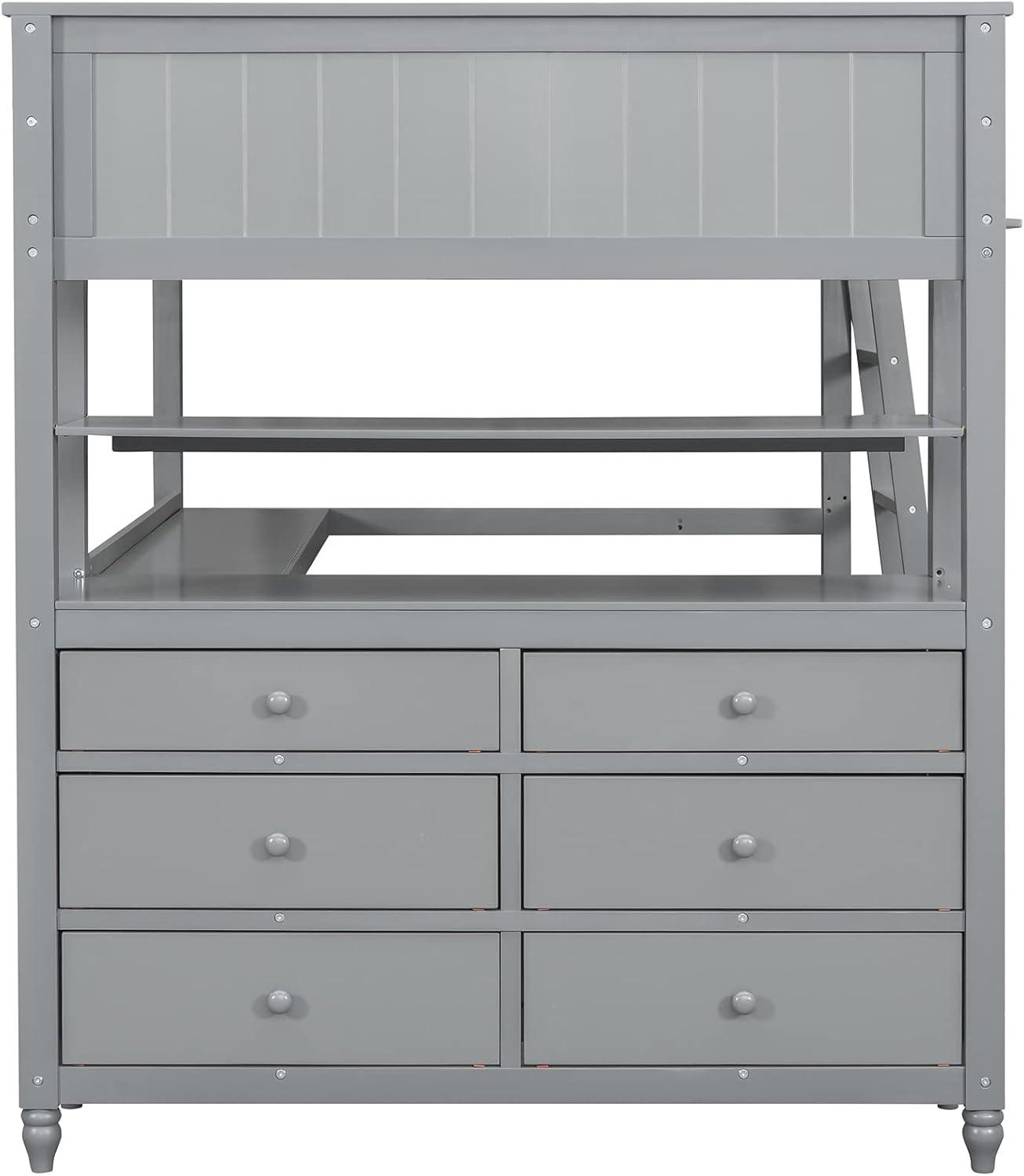 Full Size Loft Bed with Desk and Storage Drawers, Wood Loft Bed Frame with Shelves and Ladder for Kids Adults Boys Girls Teens, Gray