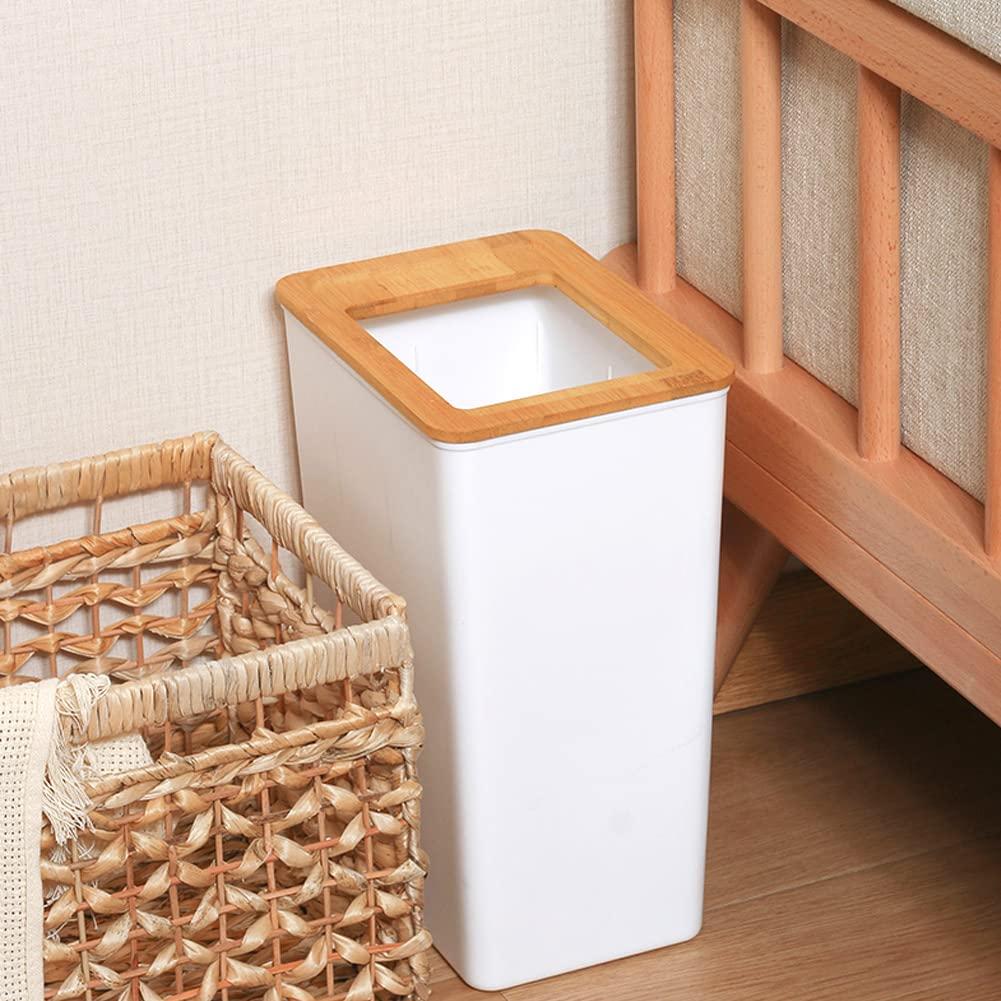 Slim White Plastic Trash Can with Bamboo Lid for Indoor Use