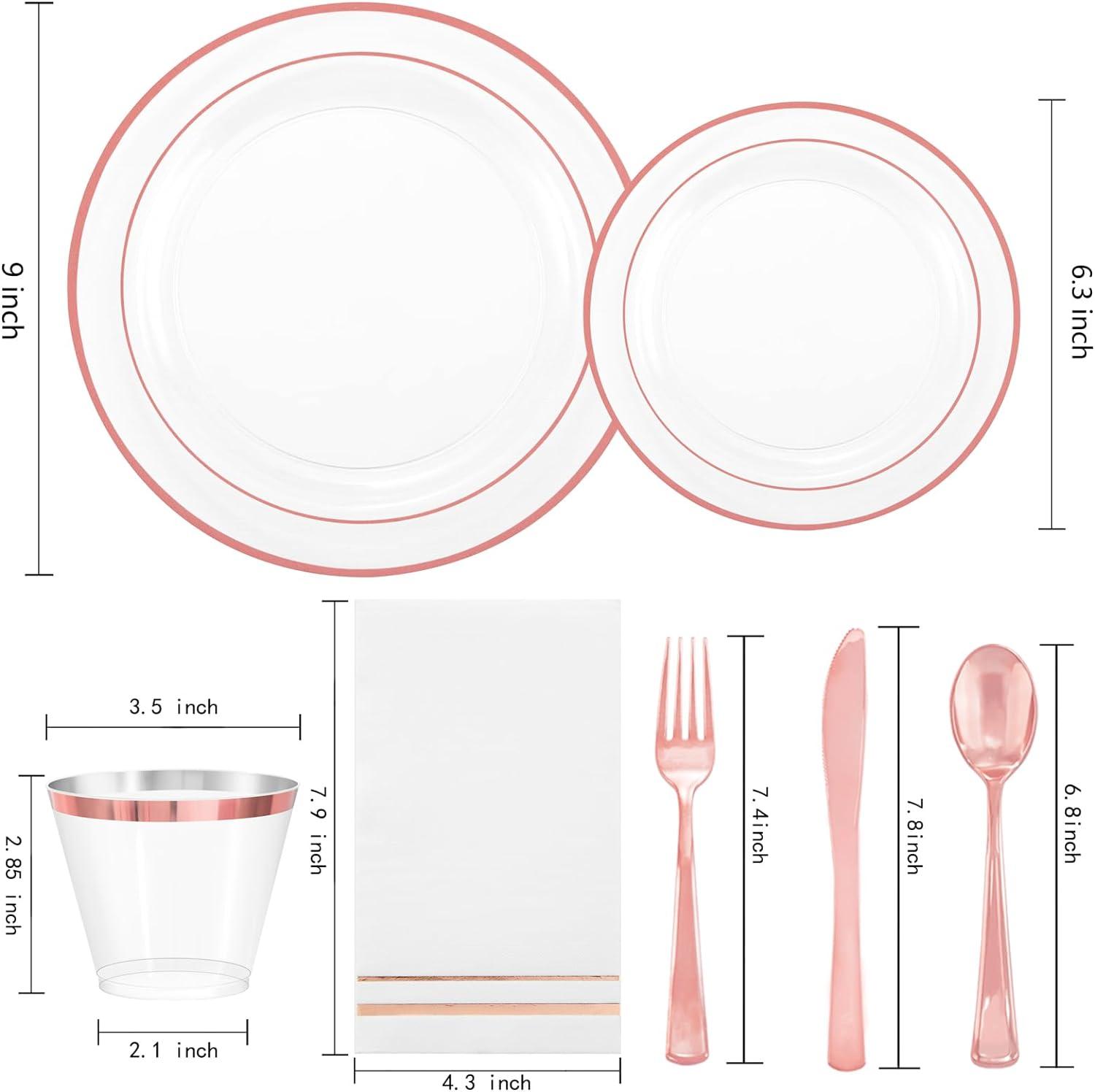 Rose Gold and Clear Plastic Dinnerware Set for 50 Guests