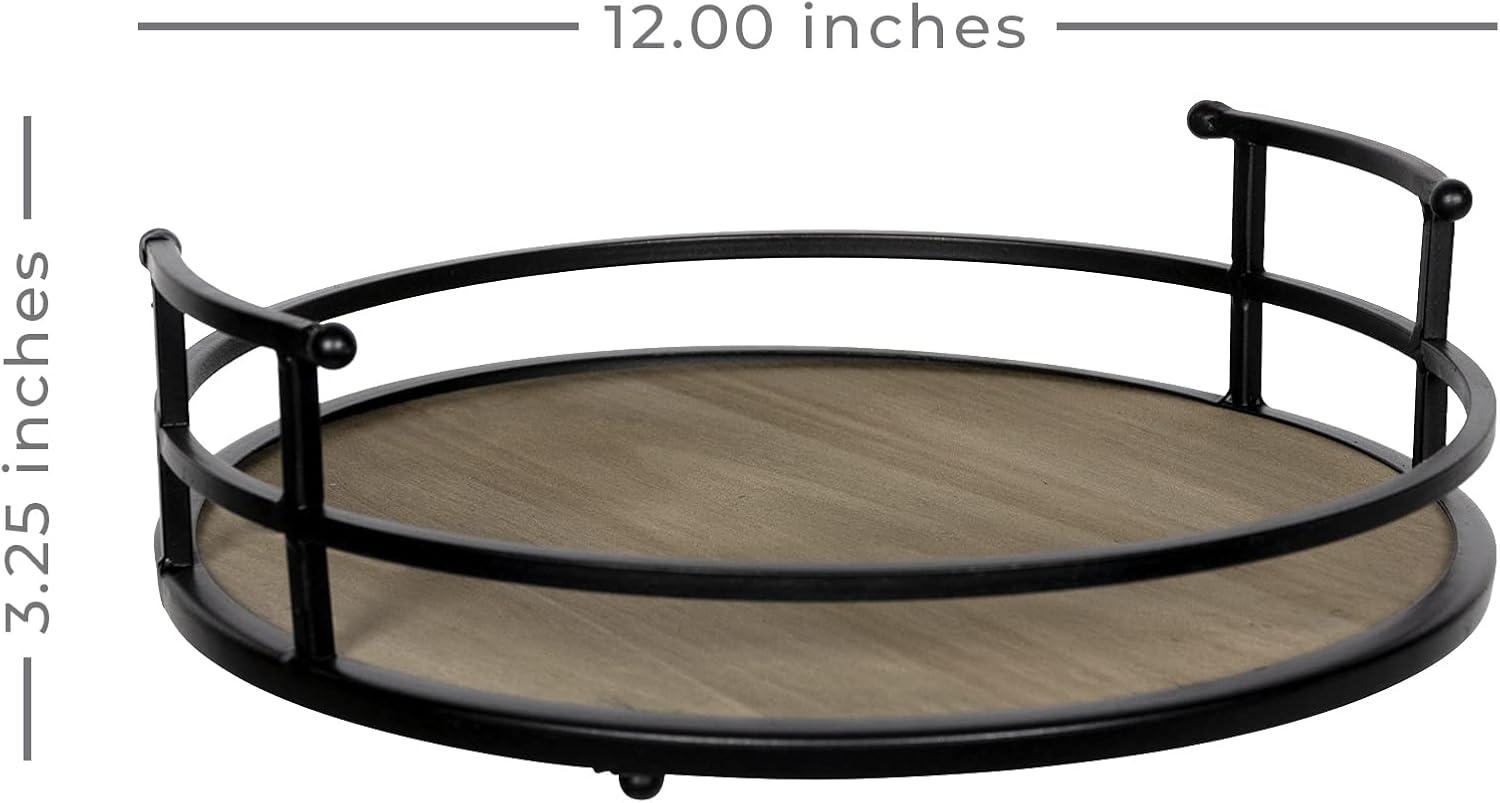 Black Metal and Wood Round Serving Tray with Handles