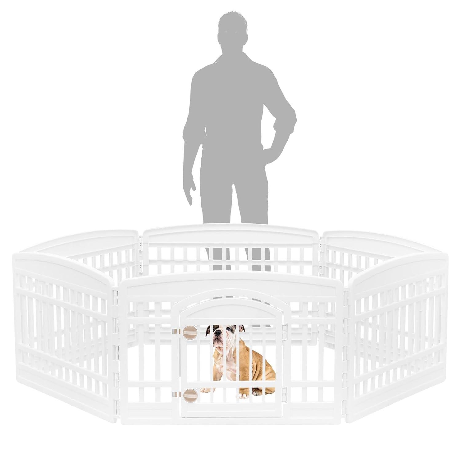 IRIS USA 24" Exercise 6-Panel Pet Playpen with Door, Dog Cat Playpen For Puppy Small Dogs Keep Pets Secure Easy Assemble Easy Storing, White