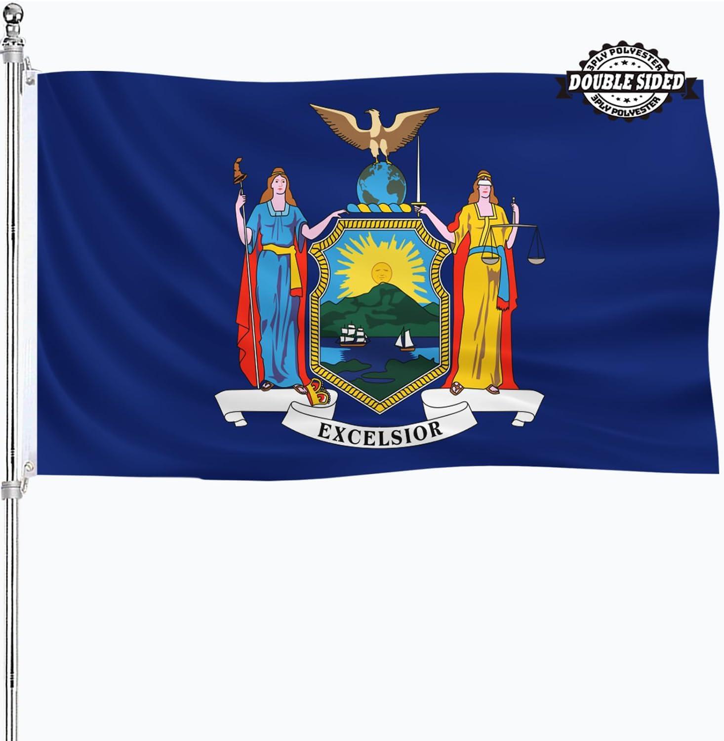 New York State Flag Double Sided 3x5 ft, Heavy Duty 3 Ply Durable Polyester, NY Flag with Vibrant Print/4 Rows Hemming/Brass Grommets