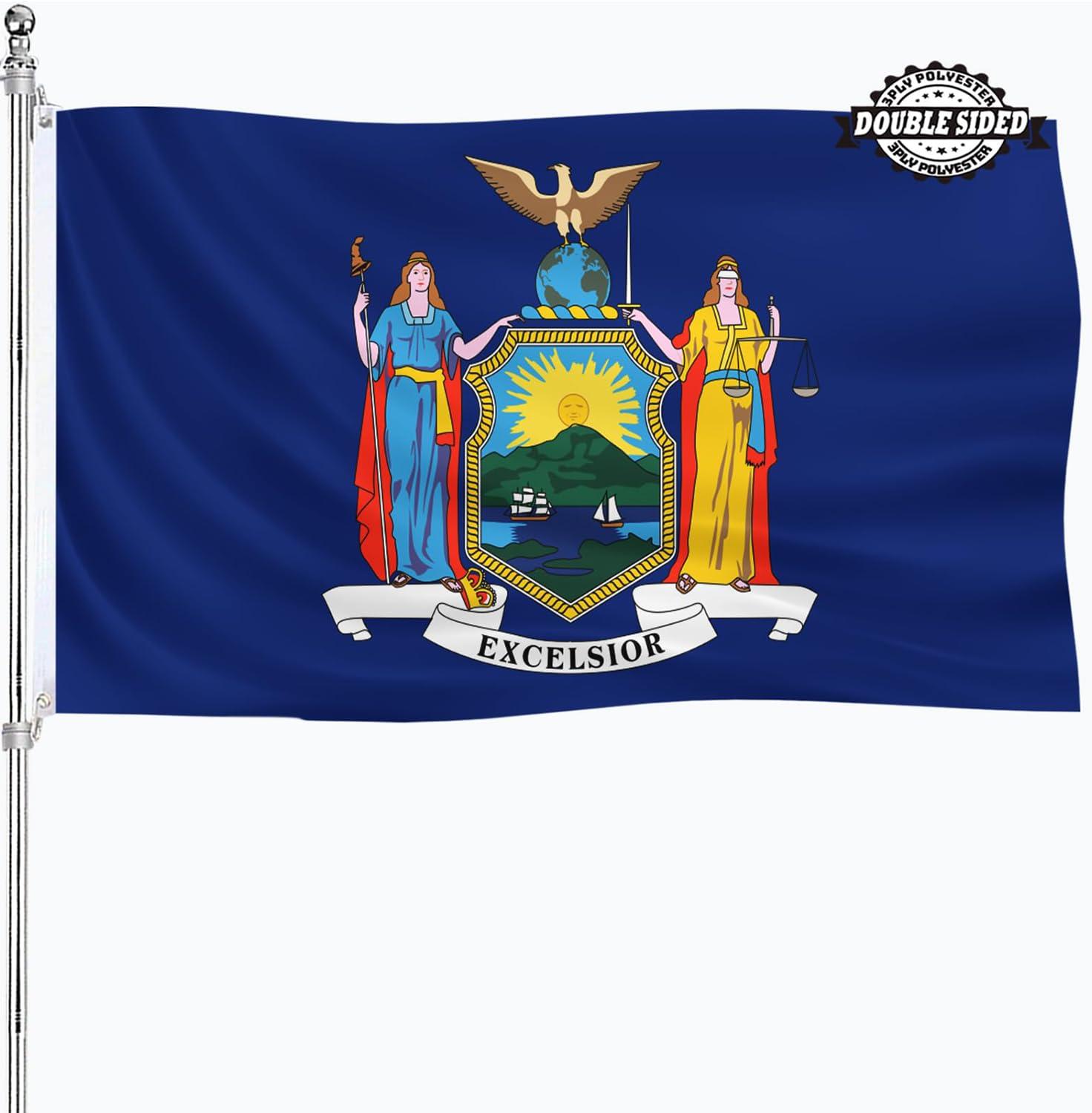 New York State Flag Double Sided 3x5 ft, Heavy Duty 3 Ply Durable Polyester, NY Flag with Vibrant Print/4 Rows Hemming/Brass Grommets