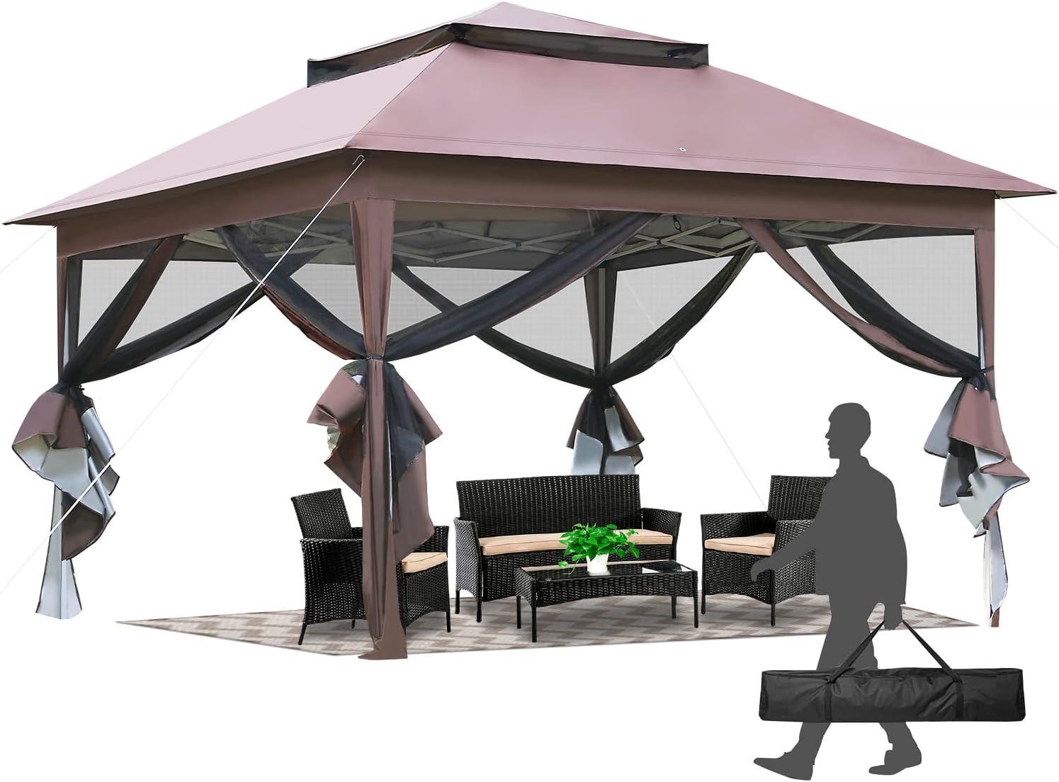 PayLessHere 10'x10' Pop up Gazebo Outdoor Canopy with Mosquito Netting Double Roof Tops ,Brown