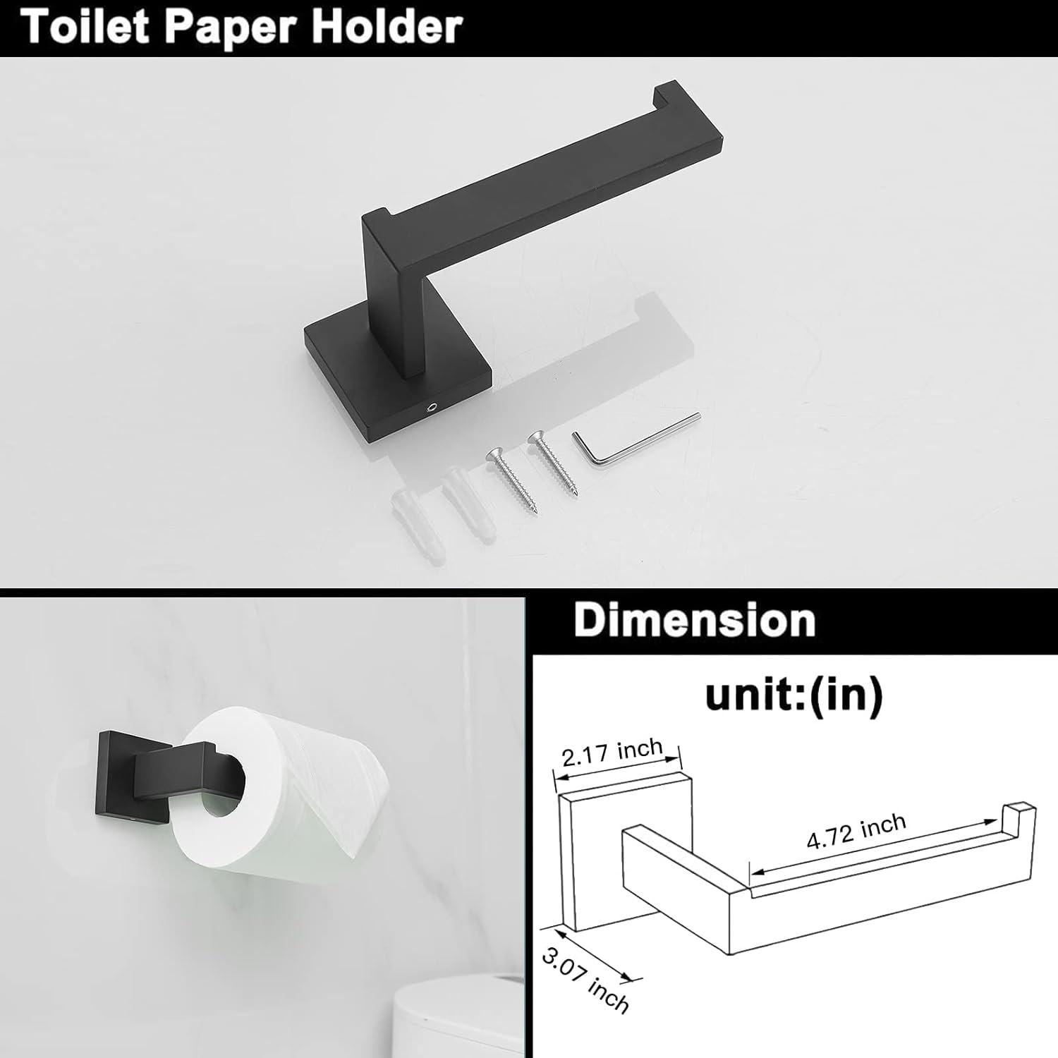 BWE 5 Pieces Matte Black Bathroom Hardware Set SUS304 Stainless Steel Include 21.9" Towel Bar,Hand Towel Holder,Toilet Paper Holder and 2 Robe Hook Square Bathroom Accessories Set Wall Mounted