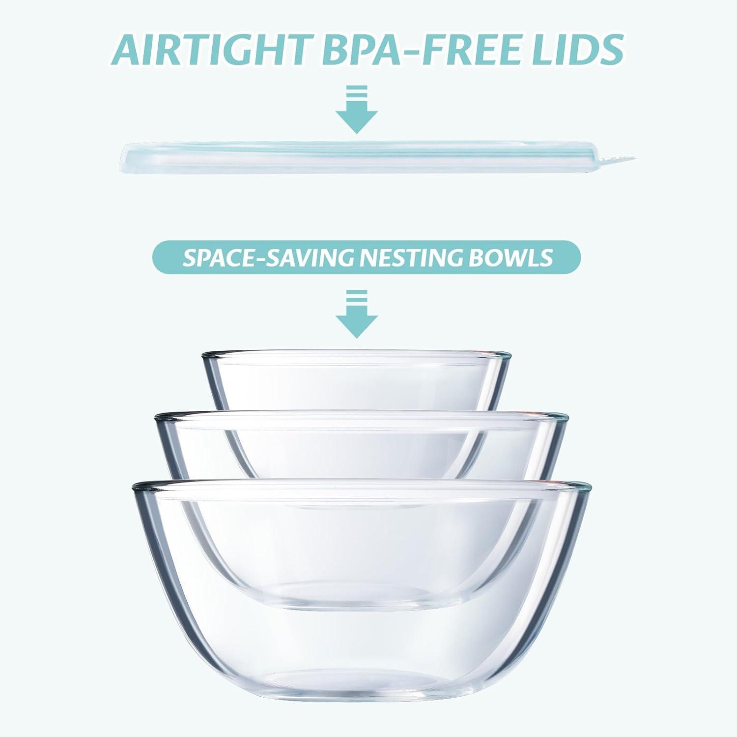 Durable Glass Mixing Bowl Set with BPA-Free Lids, 3 Pieces