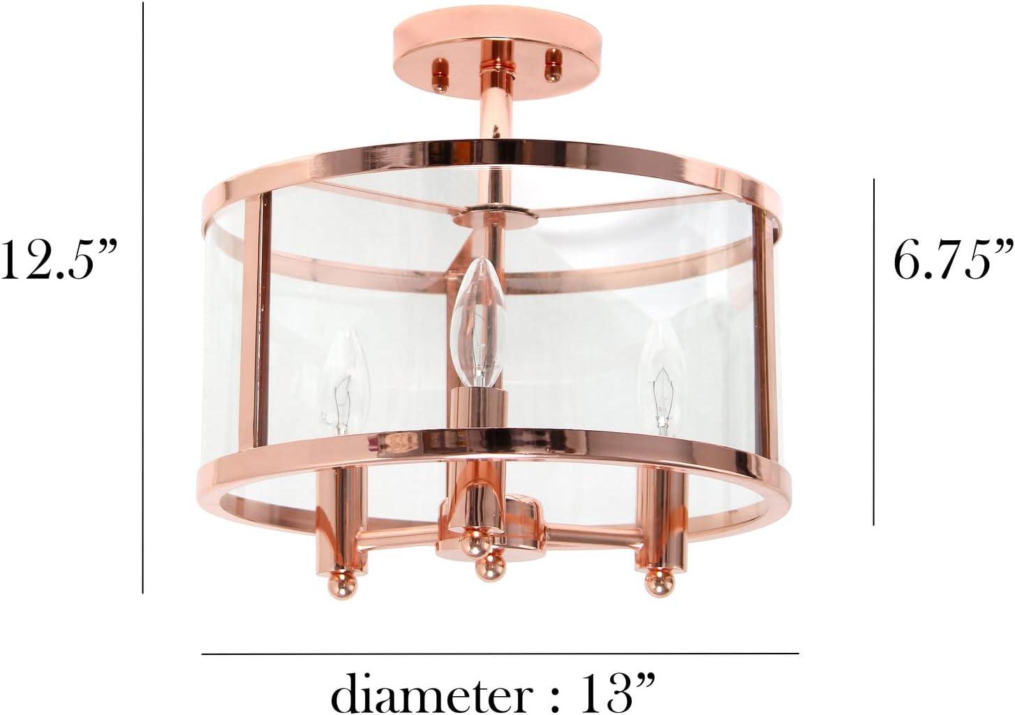 Elegant Designs 13" Iron and Glass 3-Light Traditional Farmhouse Semi Flush Mount, Rose Gold