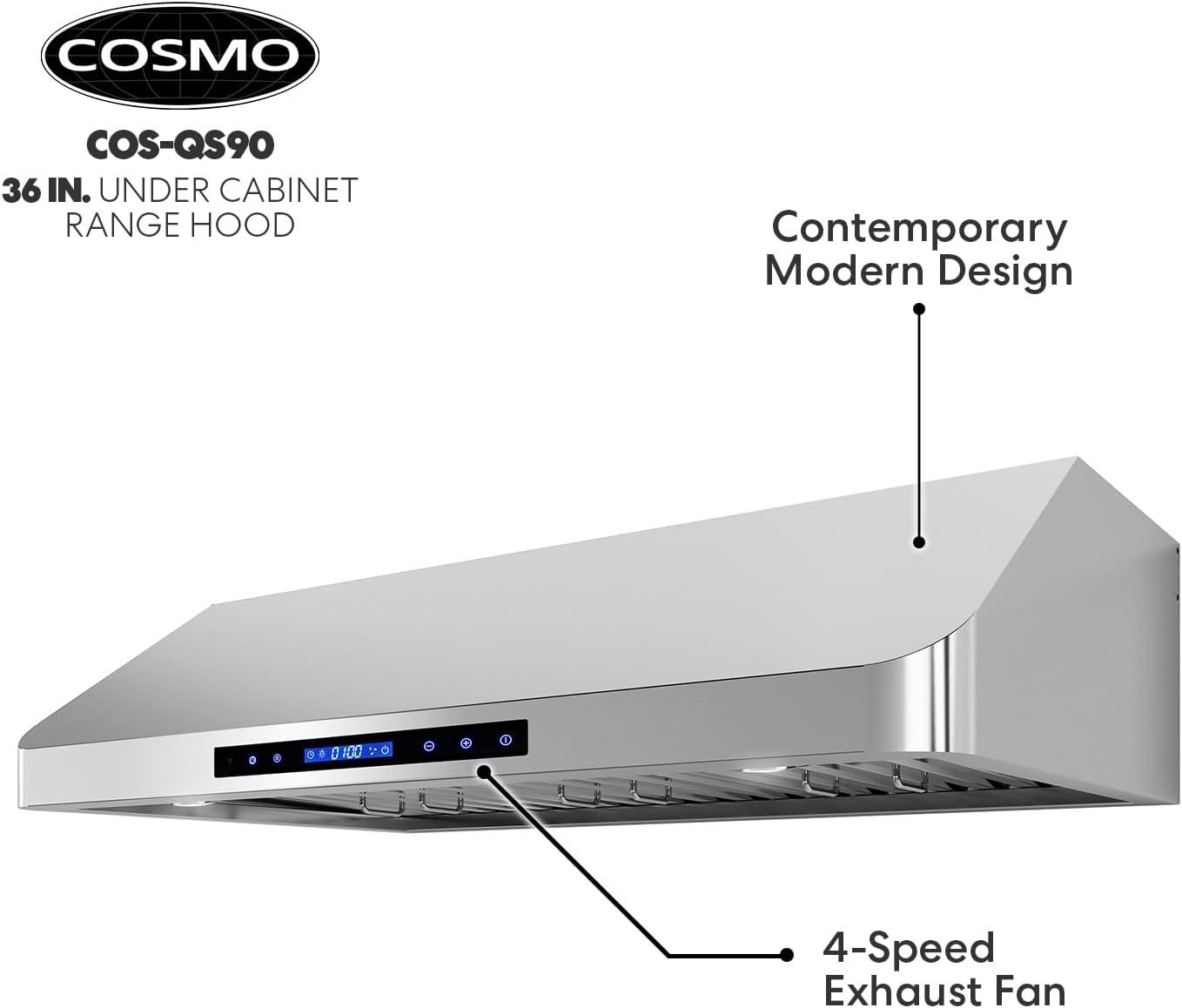 Cosmo COS-QS90 36 in. 500 CFM Ducted Under Cabinet Range Hood in Stainless Steel