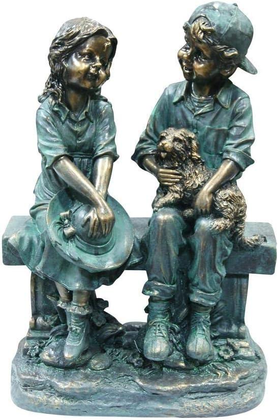 16" Polyresin Girl and Boy with Dog Sitting on Bench Sculpture Bronze - Alpine Corporation