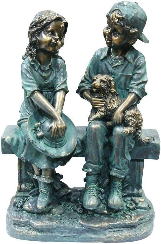 Alpine Corporation 16" Polyresin Girl and Boy with Dog Sitting on Bench Sculpture Bronze: Durable Outdoor Decor, Magnesium Oxide, Rust-Resistant