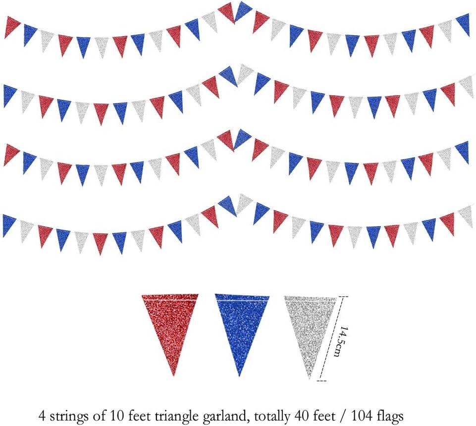 Red Blue Silver/White National Day Patriotic Triangle Flag Banner Fourth/4th of July USA American Independence Day Celebration Party Garland Hanging Decoration for Birthday/Baby Shower