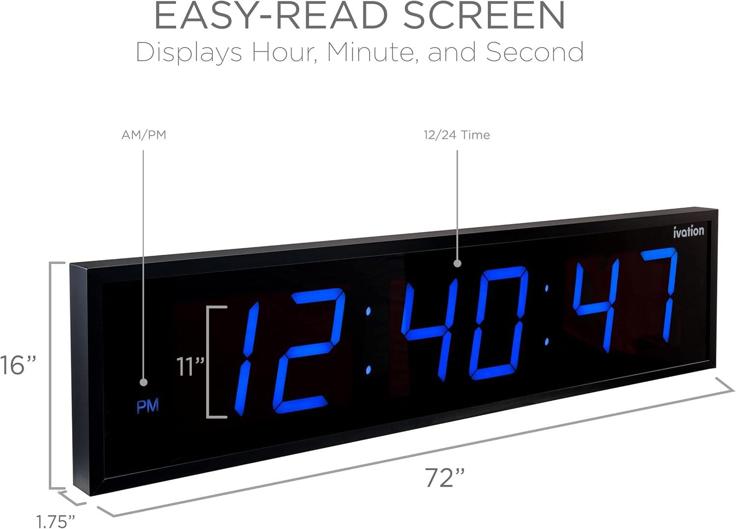 Ivation Oversized 72" Blue LED Digital Wall Clock with Remote