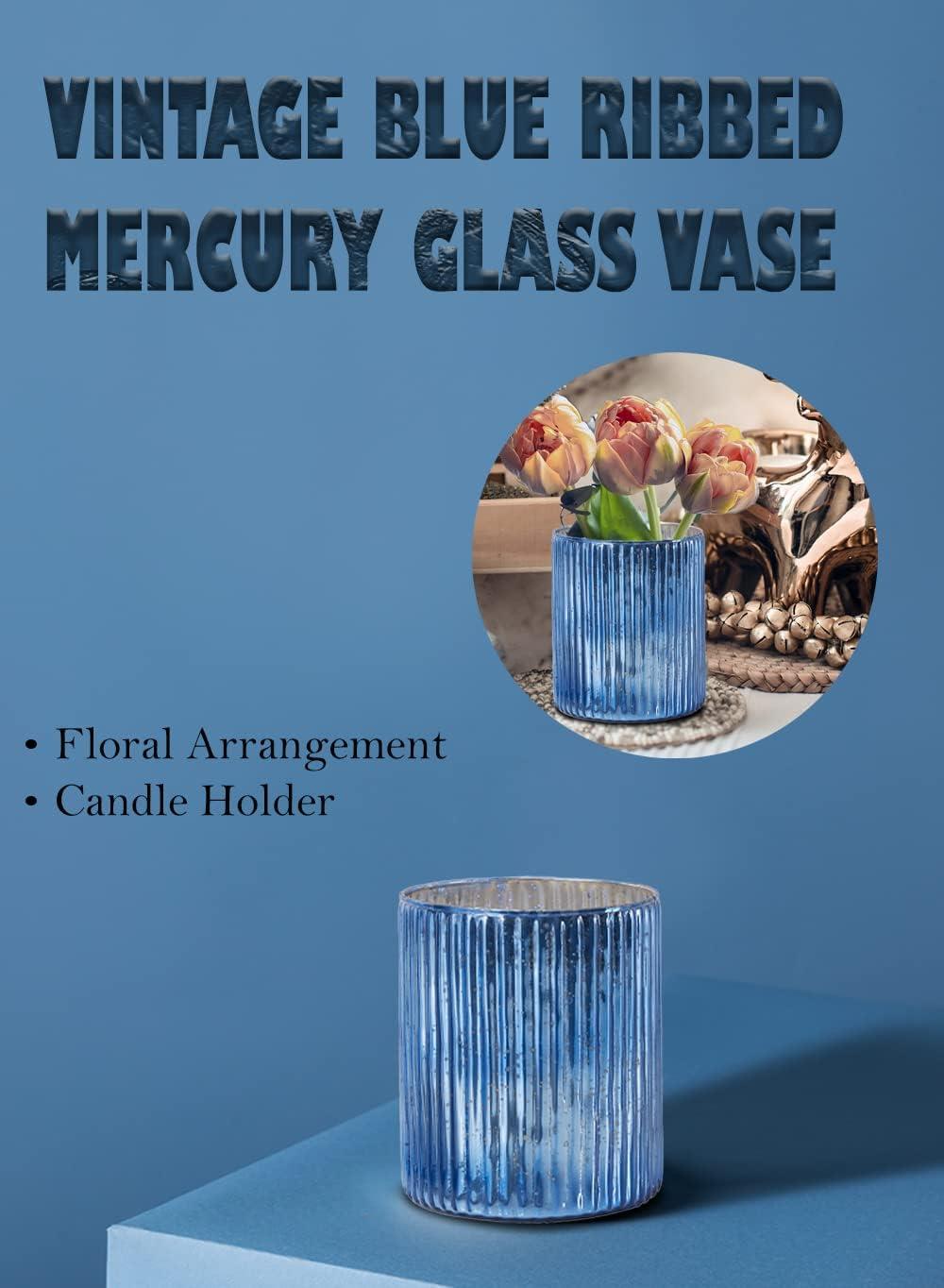 Serene Spaces Living 6" Vintage Blue Ribbed Mercury Glass Vase - for Floral Arrangements, Home Decor, Wedding, Holiday, Single