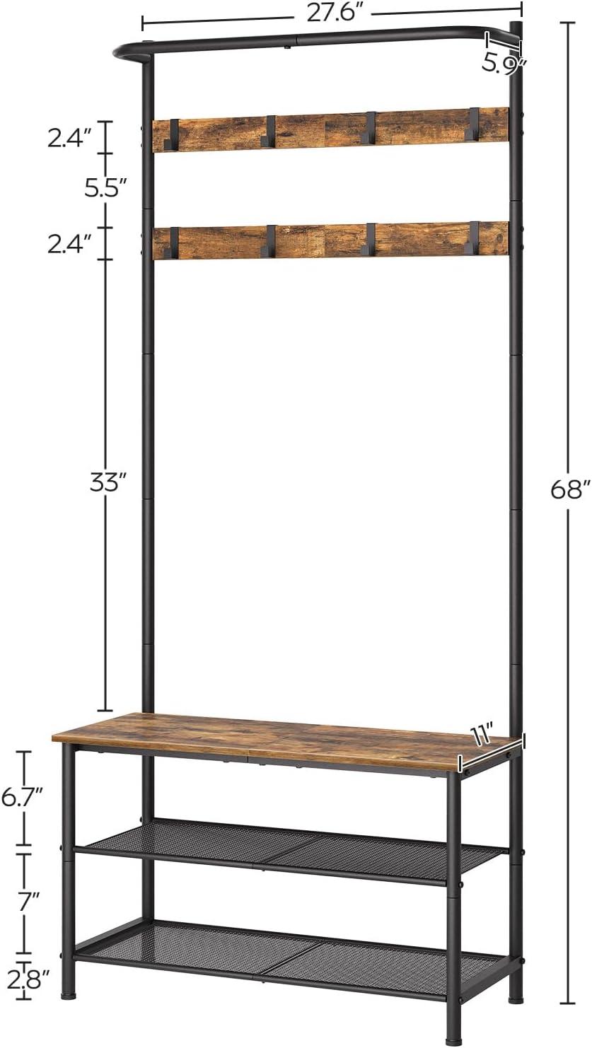 VASAGLE Hall Tree Entryway Coat Rack with Shoe Bench Rustic Walnut and Black