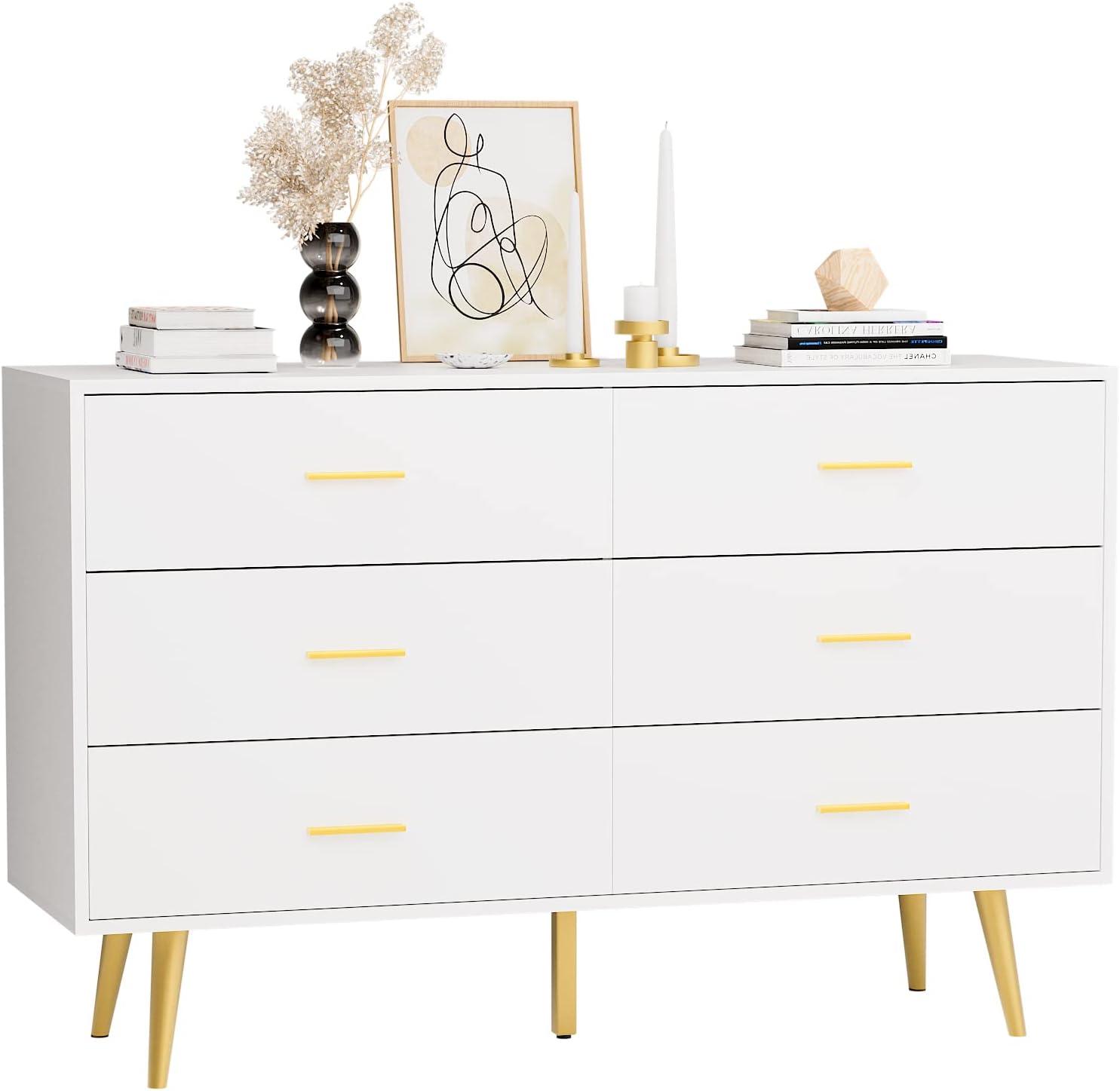 White Dresser with 6 Drawer for Bedroom,  RESOM Modern Chest with Golden Legs & Handles, Wooden Dressers for Living Room, Hallway, Nursery