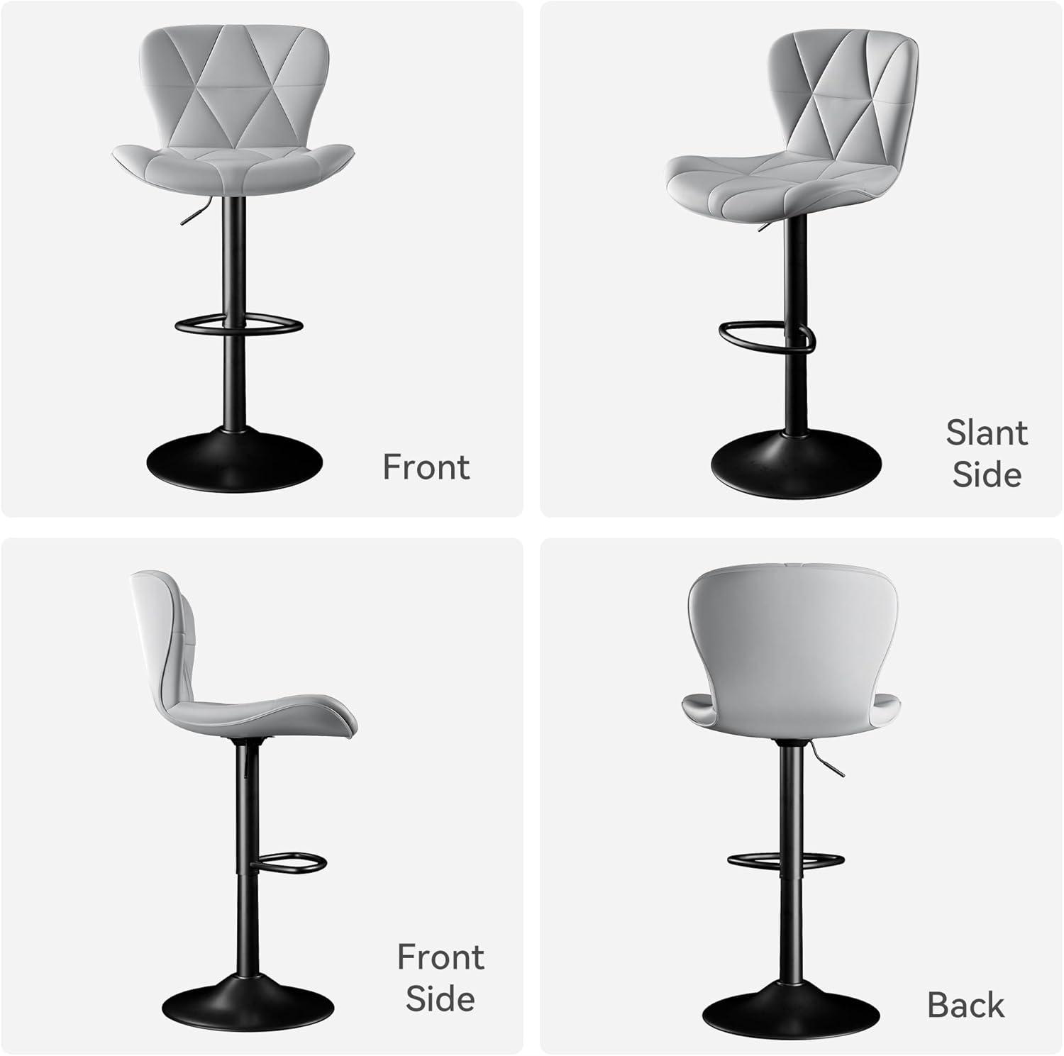 Modern Bar Stool Set of 2, Adjustable Faux Leather Upholstered Swivel Counter Stools, Counter Height Barstools with Back for Kitchen Island, Light Grey