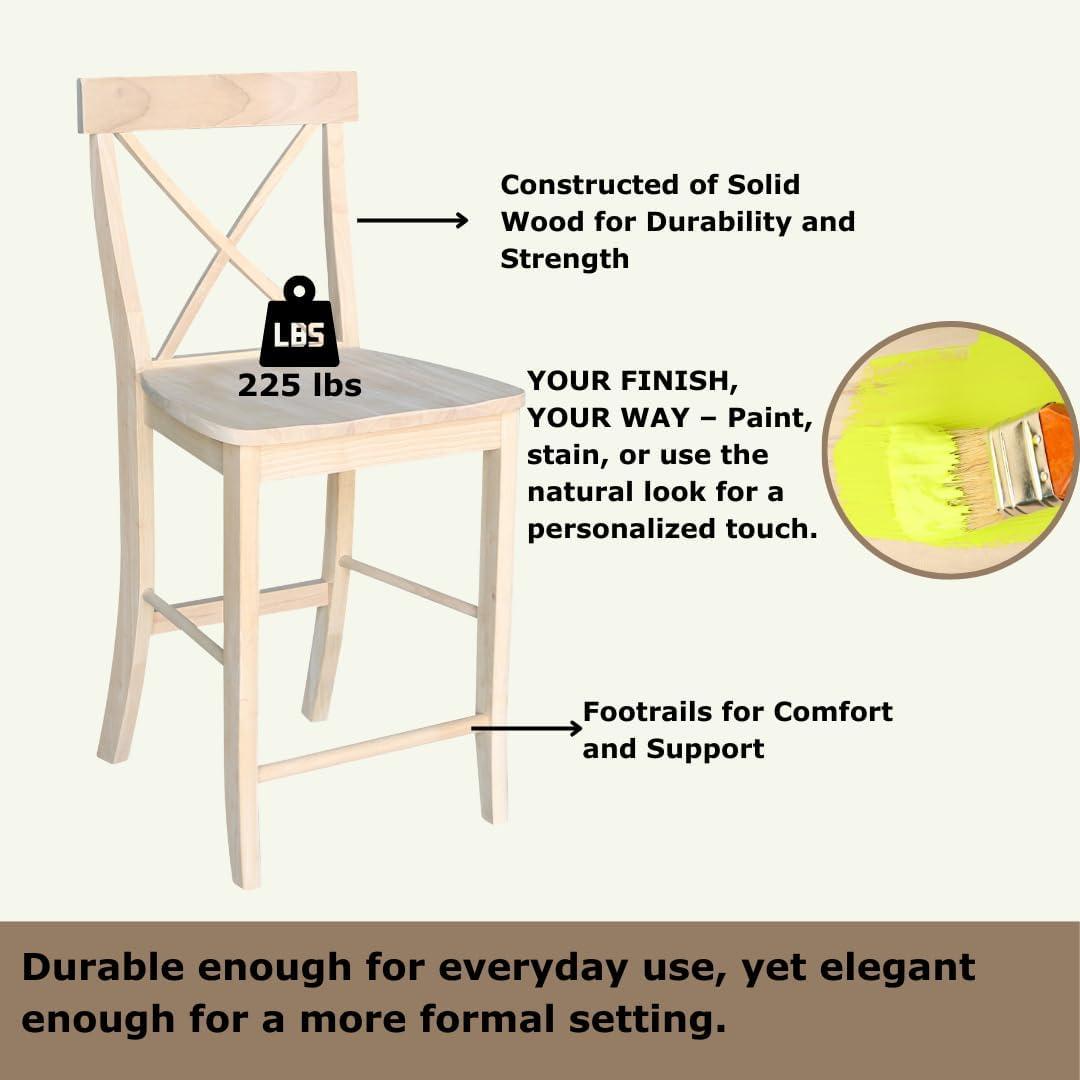 24" X Back Counter Height Barstool Unfinished - International Concepts: Hardwood Frame, Square Seat