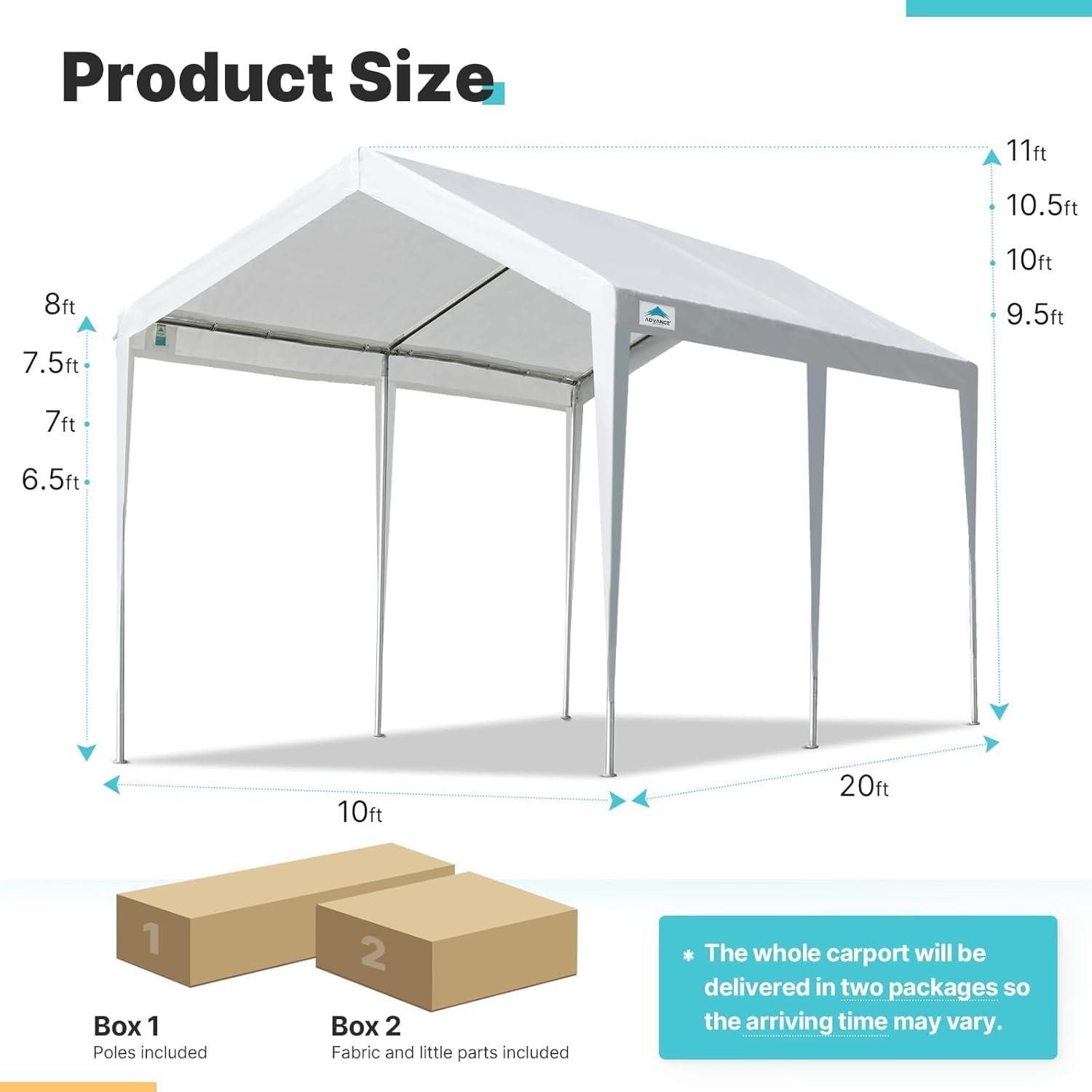 10' x 20' Heavy Duty Carport Car Canopy Garage Shelter Party Tent, Adjustable Height from 6.5ft to 8.0ft, White