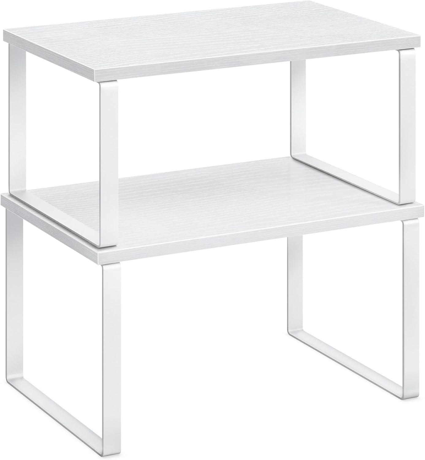Cabinet Organizer Shelf, Set of 2 Kitchen Counter Shelves, Kitchen Storage, Spice Rack, Stackable, Expandable, Metal and Engineered Wood, Cloud White and Snow White UKCS02W01