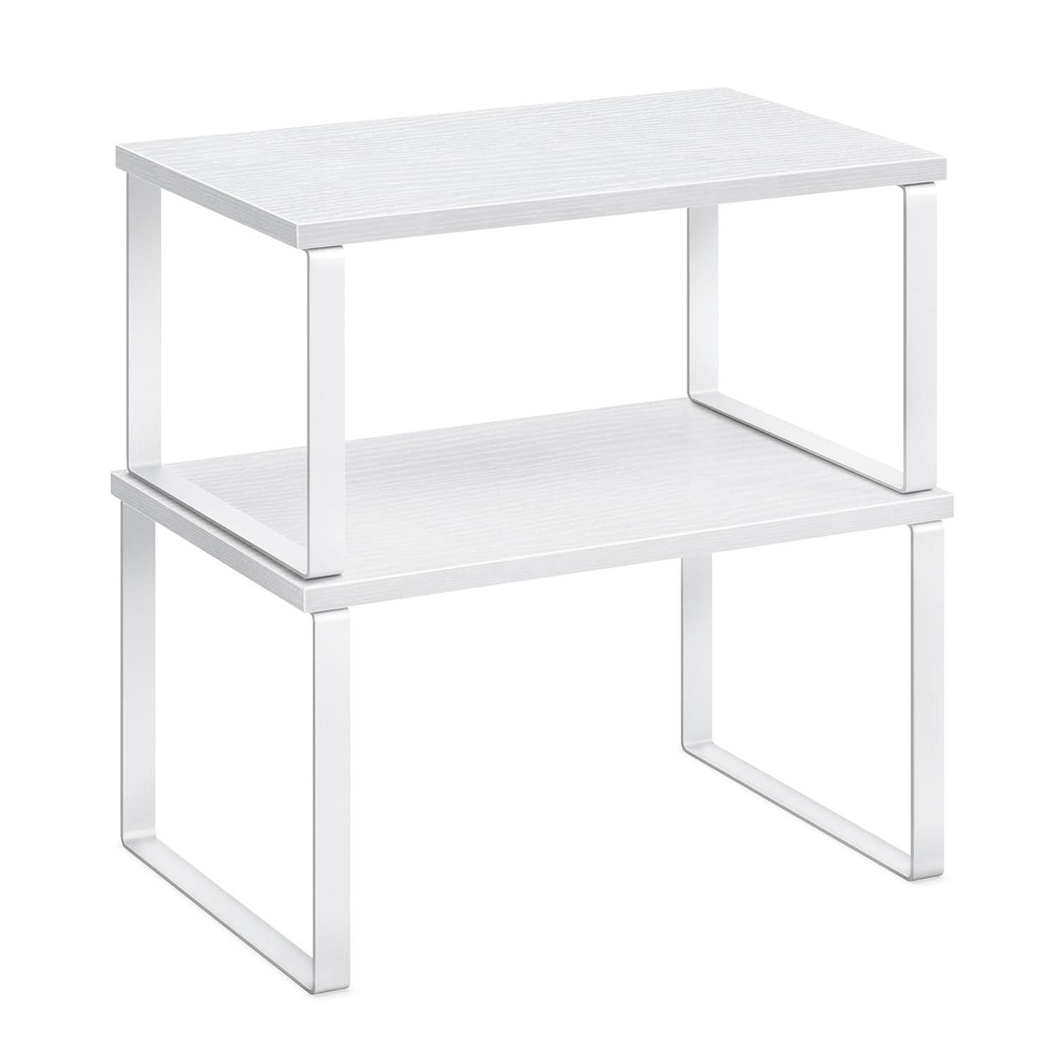 Cabinet Organizer Shelf, Set of 2 Kitchen Counter Shelves, Kitchen Storage, Spice Rack, Stackable, Expandable, Metal and Engineered Wood, Cloud White and Snow White UKCS02W01