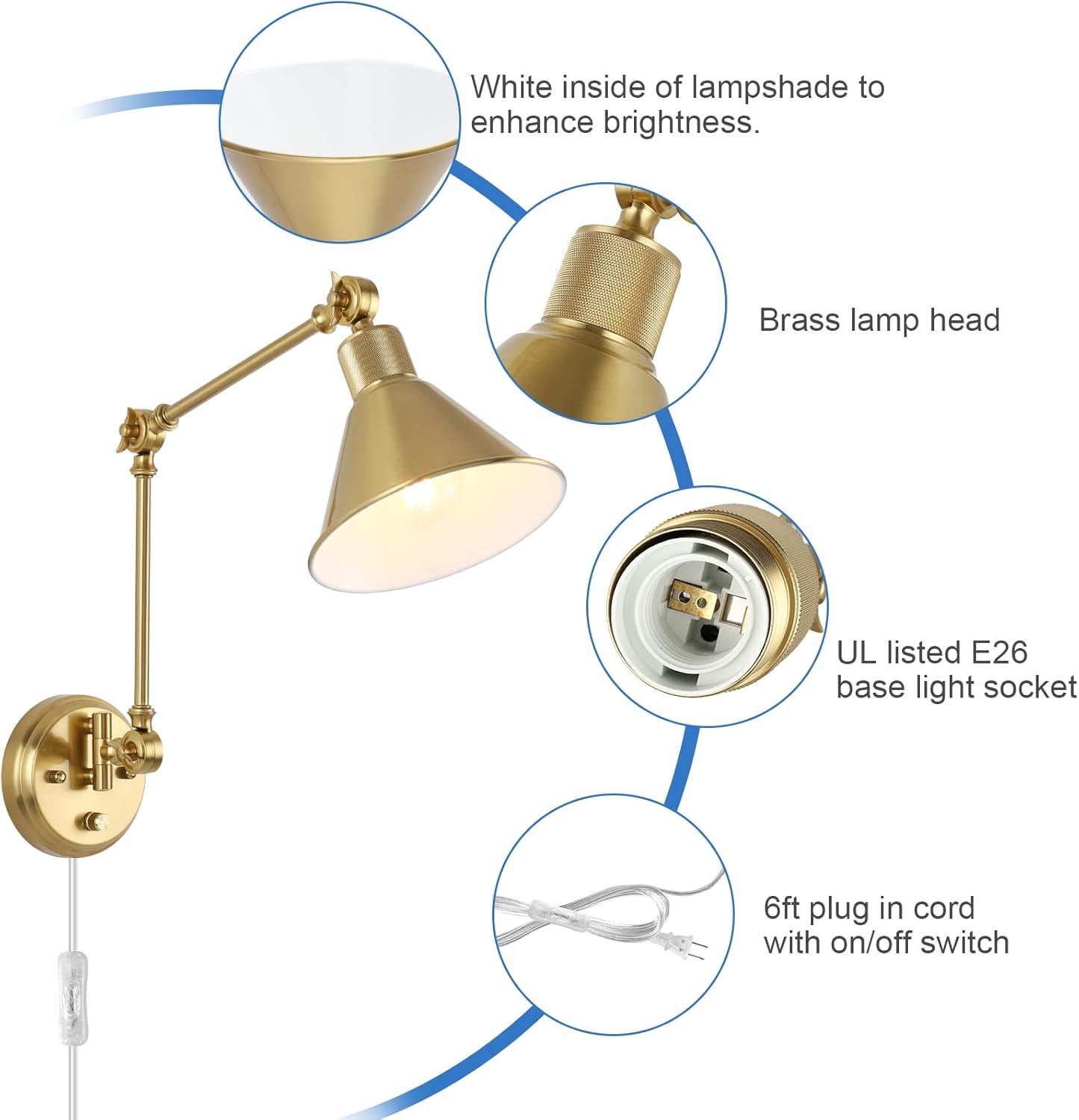 TRLIFE Wall Sconce Plug In, Dimmable Wall Sconce Brushed Brass Swing Arm Wall Lights with Plug in Cord and Dimmer On/Off Knob Switch, Wall Mounted Light for Bedside Bedroom Stairway (1 Pack, 1 Bulb)