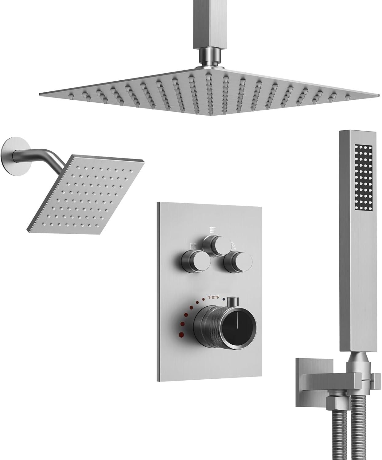 Thermostatic Shower Faucet 12" High-Pressure Dual Showerheads with Rough-In Valve