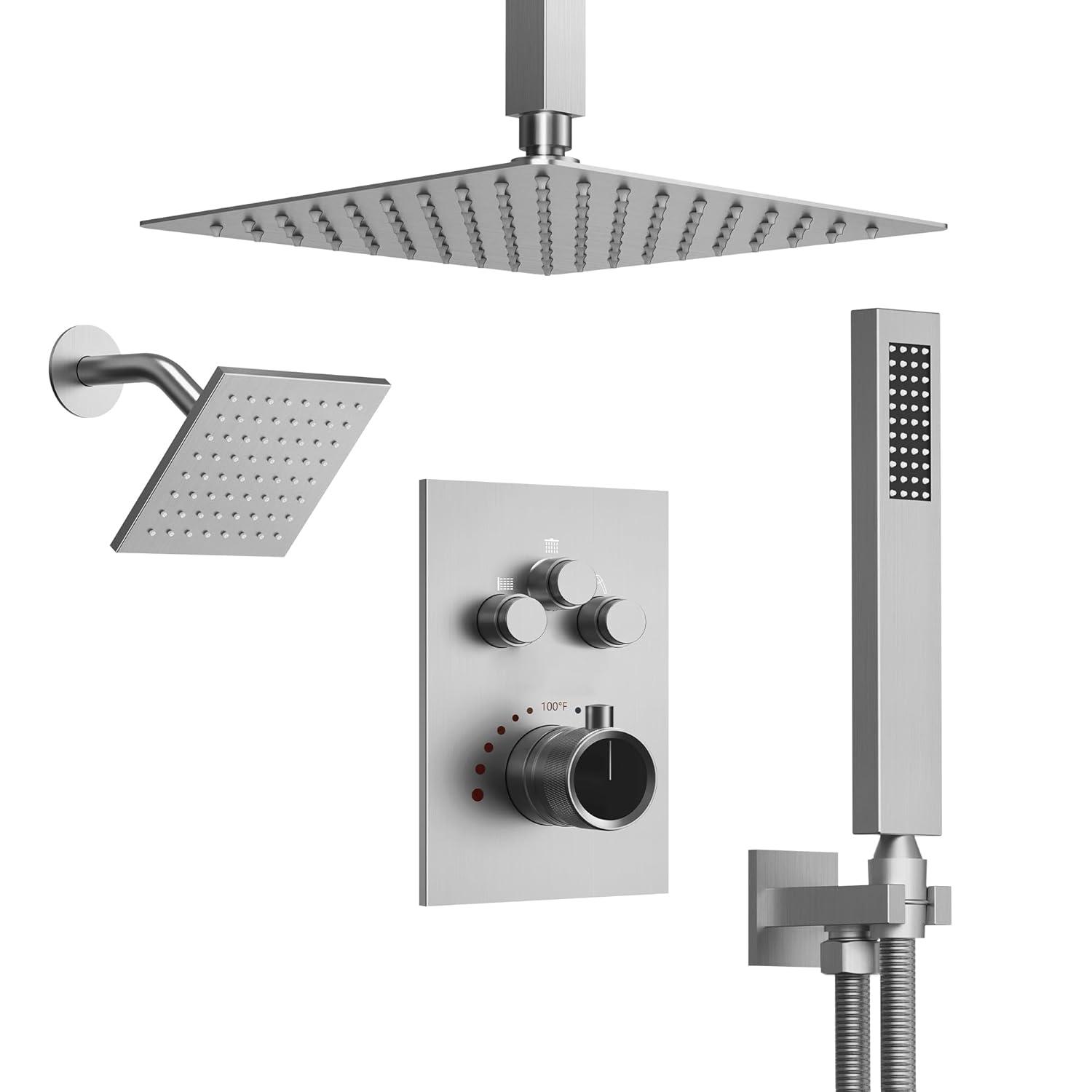 EVERSTEIN Thermostatic Rainfall Shower Faucet, 12-Inch High-Pressure Dual Showerheads System with Rough-In Valve SFS1007-NK12