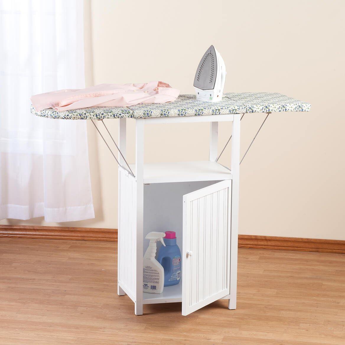 White Foldable Iron and Wood Ironing Board with Storage Cabinet