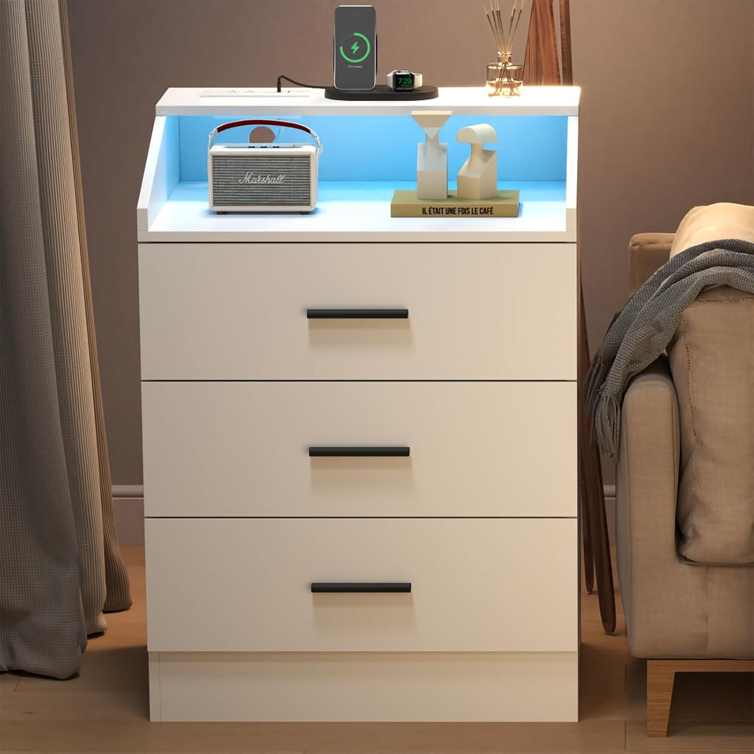 DJ503079_2 Nightstand with Charging Station and LED Lights 3 Drawers White