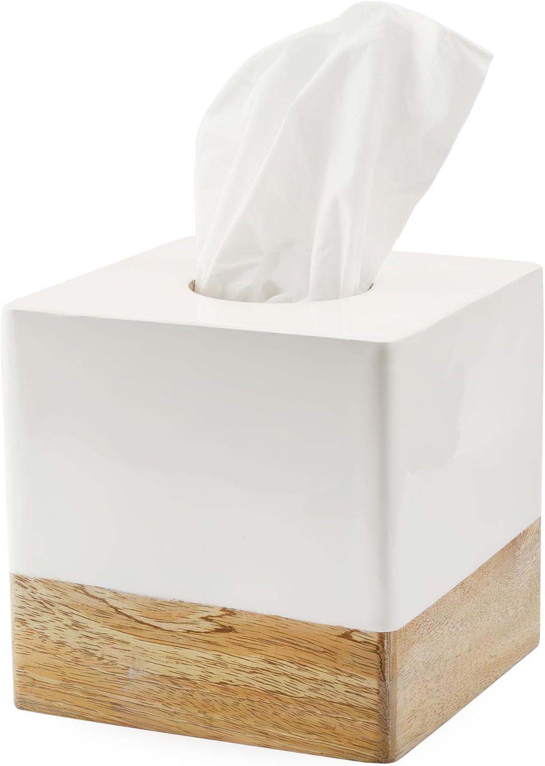 AuldHome Design Tissue Box Cover (Enamel/Mango Wood); Minimalist Scandinavian Decor White Tissue Holder