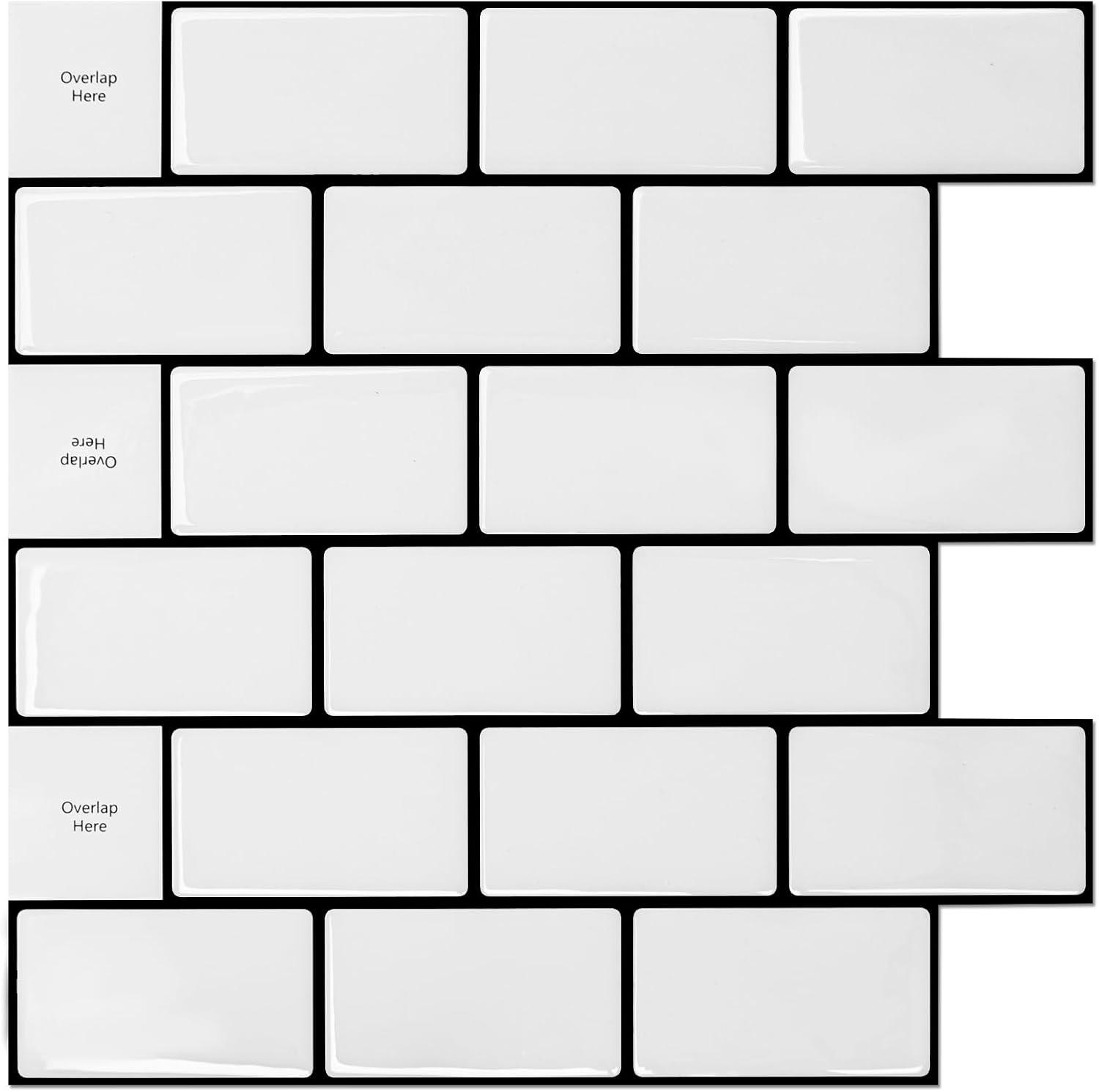 Art3d Peel and Stick Backsplash Tile, 10-Sheet Stick on Subway Tiles for Kitchem, Bathroom Back Splashes, 12"x12", Warm White with Black Grout