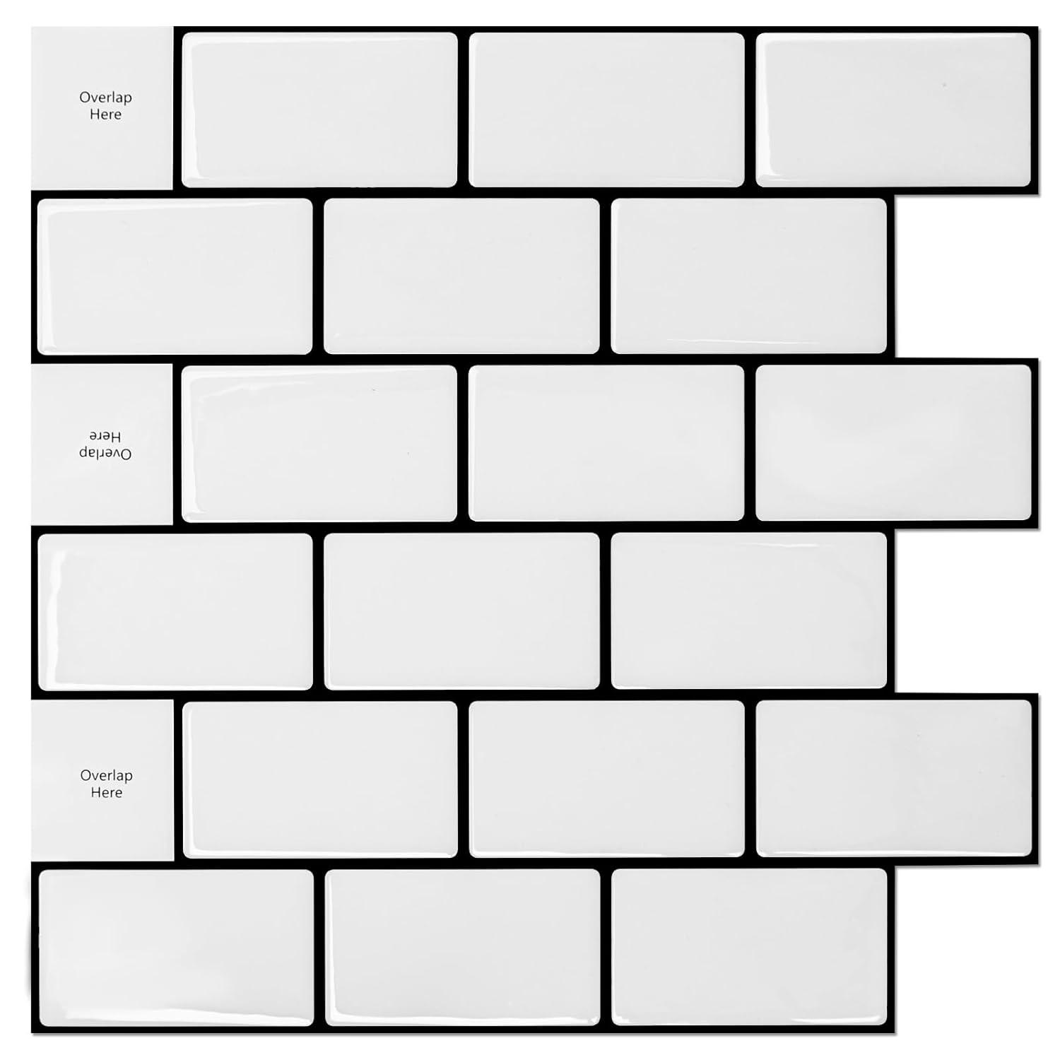 Art3d Peel and Stick Backsplash Tile, 10-Sheet Stick on Subway Tiles for Kitchem, Bathroom Back Splashes, 12"x12", Warm White with Black Grout