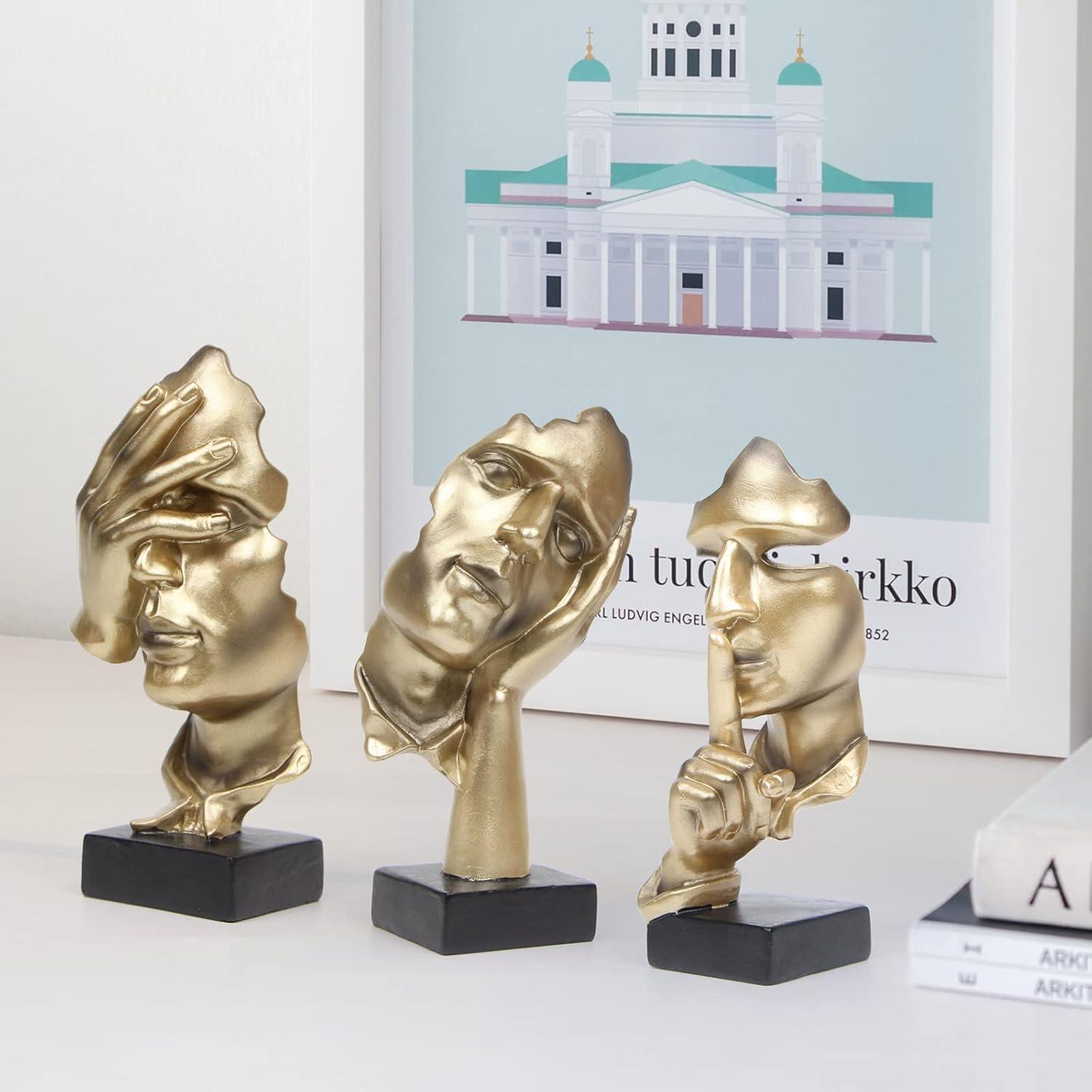 Modern Abstract Thinker Statue Set of 3 Gold Statues 6.48"/1.96"/6.88" Home Office Decor Collectible Figurines