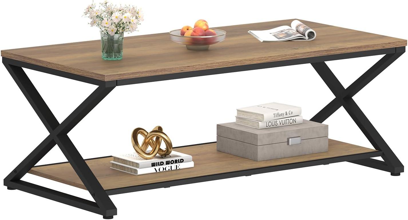 Rustic Oak and Black Metal 47" Coffee Table with Storage Shelf