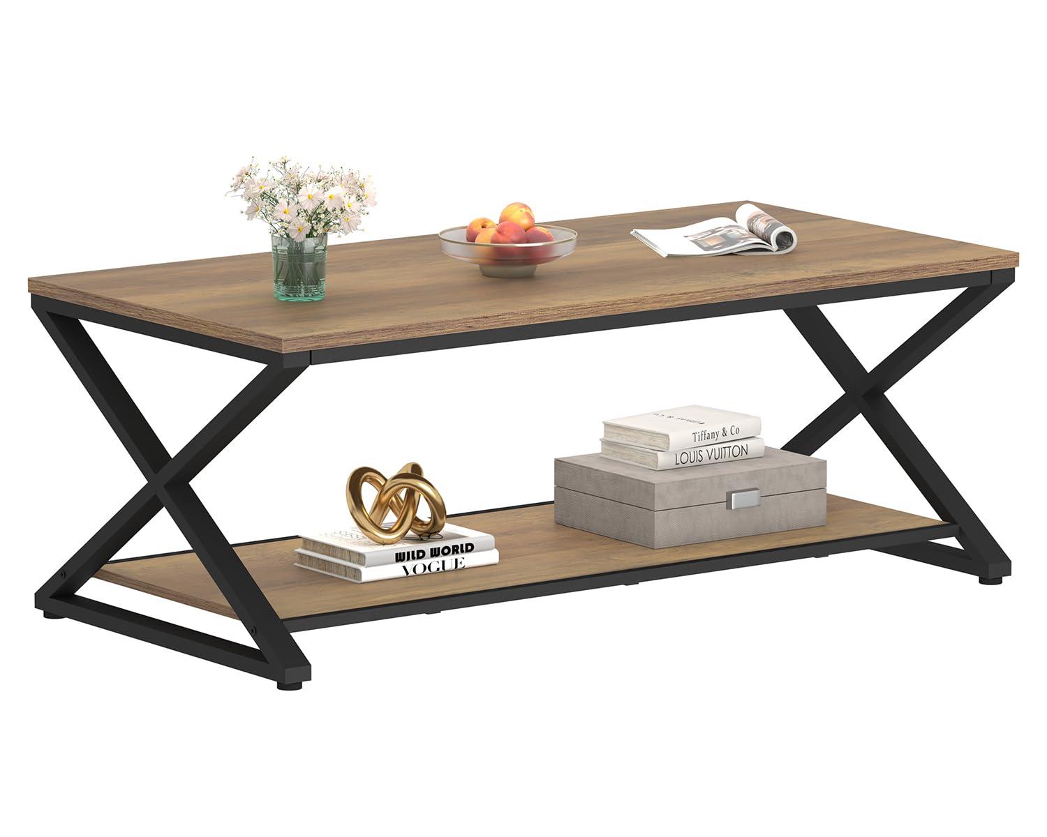 47 Inch Table with Storage Shelf, 2 Tier Rectangle Center Table Minimalist Home Tea Coffee Table