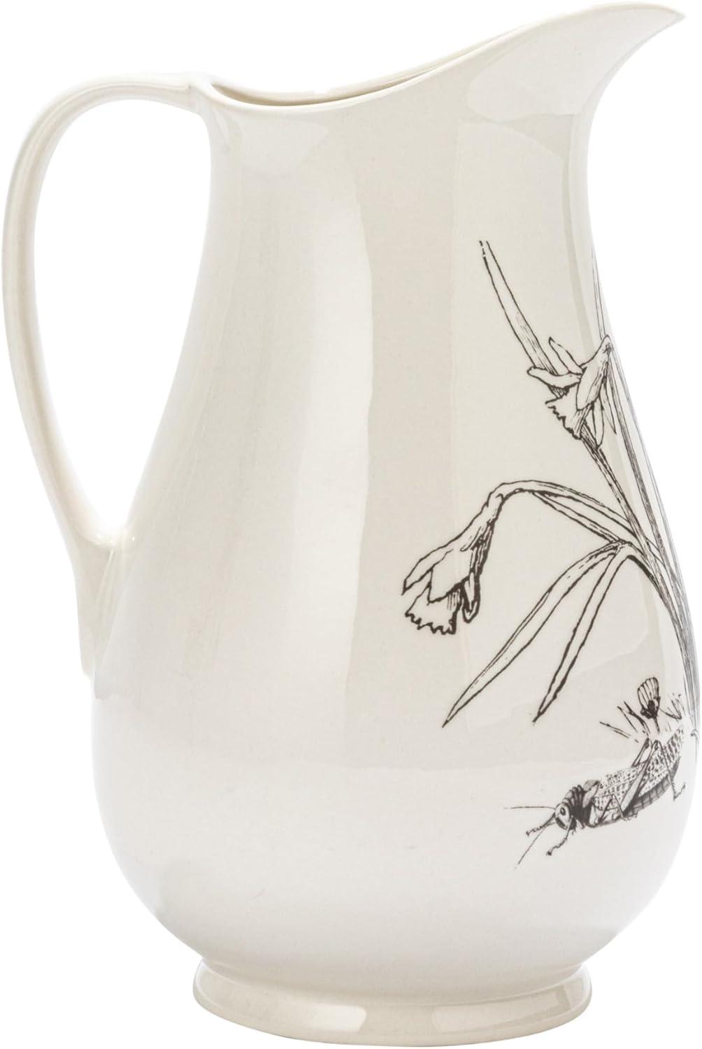 Creative Co-Op 6.5 Inches 2-Quart Stoneware Pitcher with Flower Design, White and Charcoal