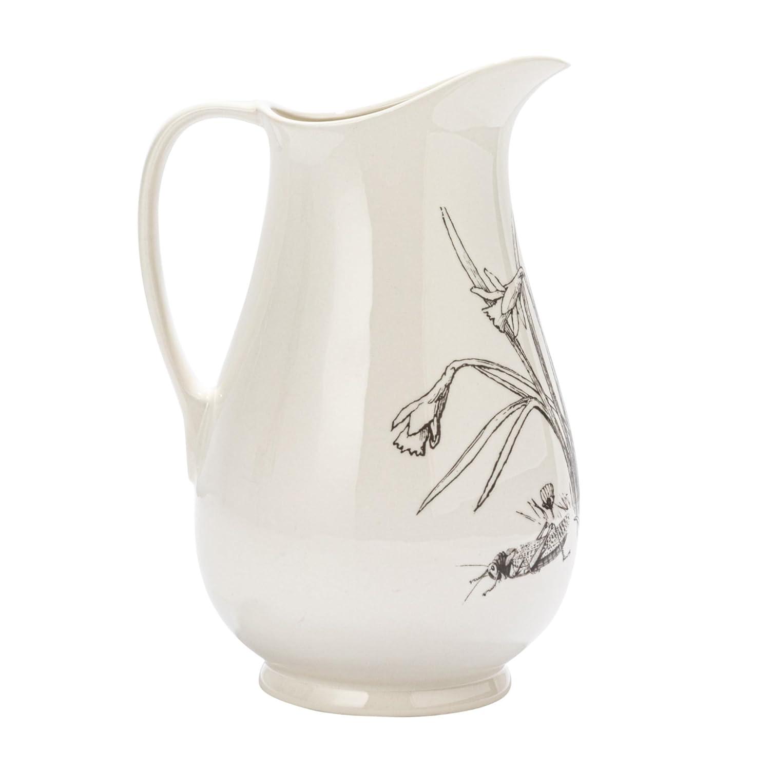 Creative Co-Op 6.5 Inches 2-Quart Stoneware Pitcher with Flower Design, White and Charcoal