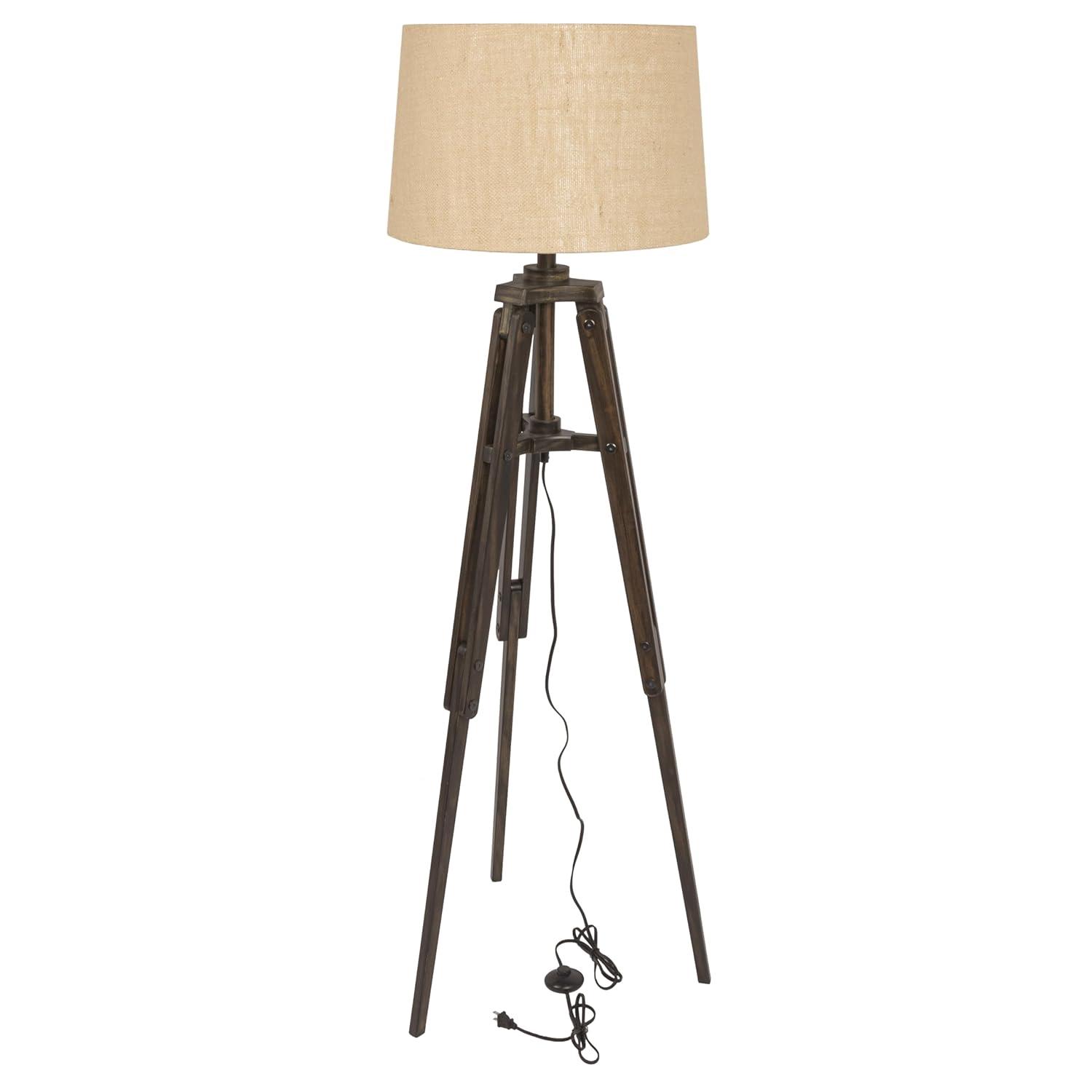 Mariner Tripod Style Wood Floor Lamp with Burlap Drum Shade Rust - Storied Home: Adjustable Height, 3-Way Switch