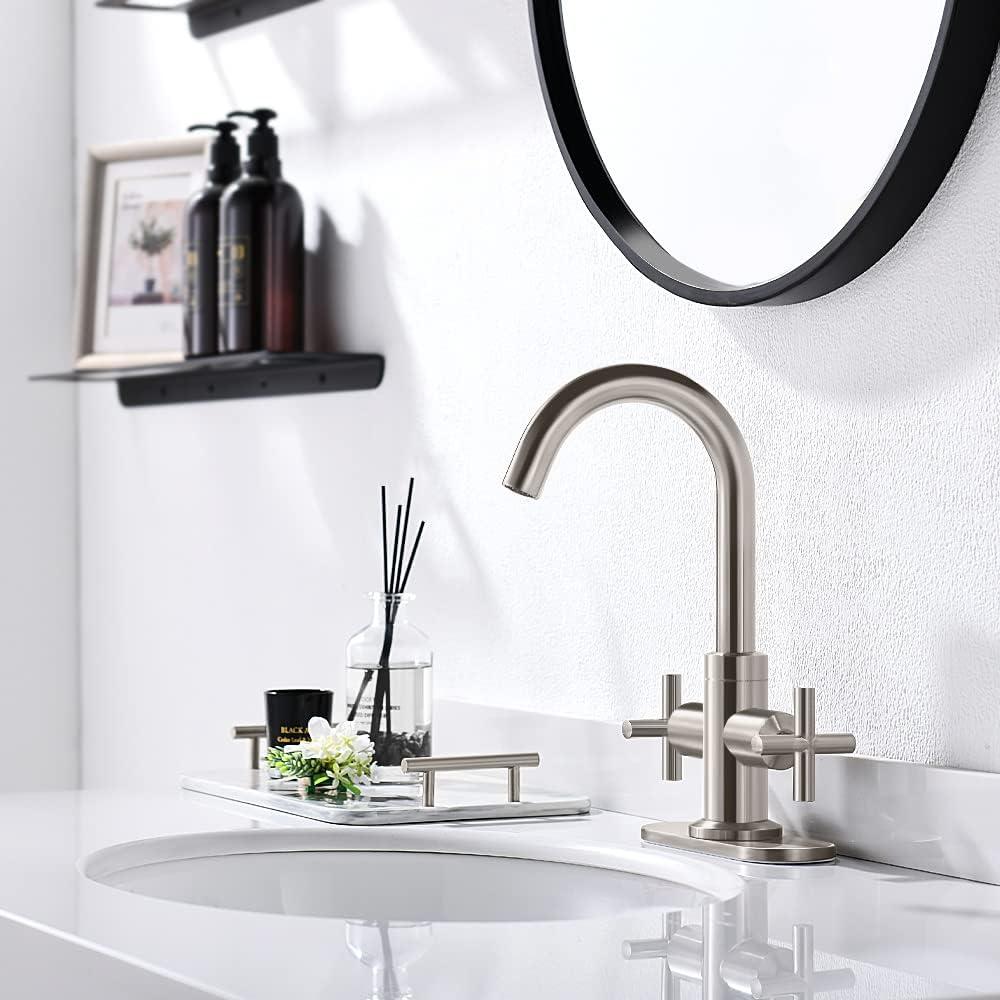 Brushed Nickel 4-Inch Centerset Bathroom Faucet with Swivel Spout