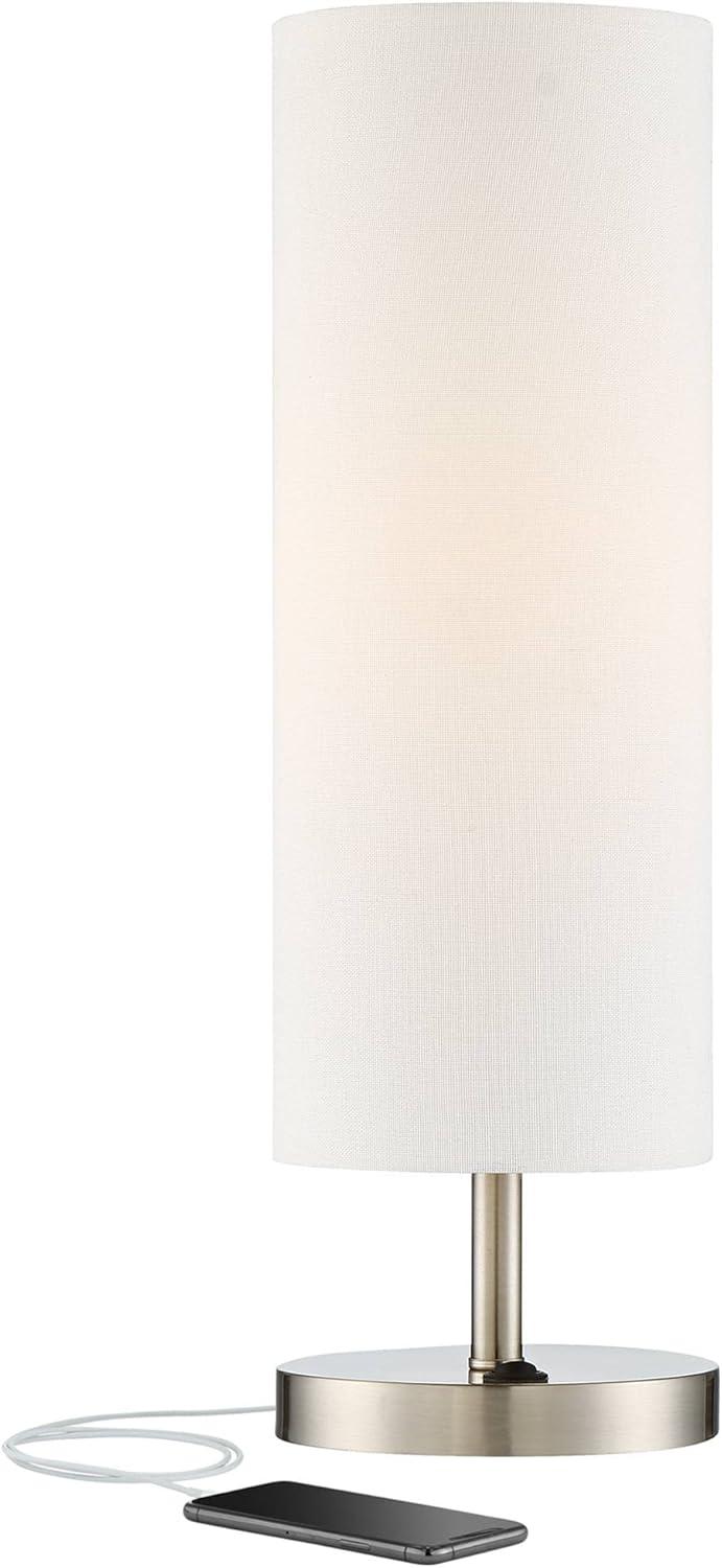 20" Brushed Nickel Table Lamp with White Fabric Shade and USB Port