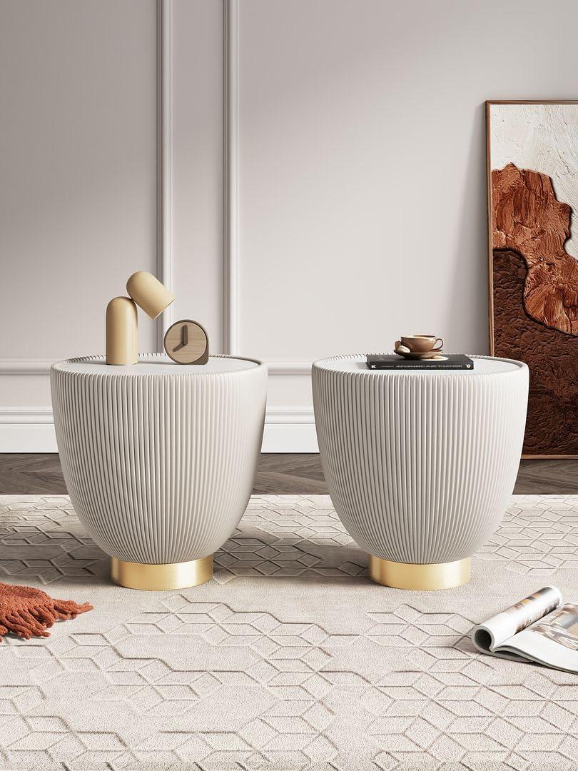 Manhattan Comfort Set of 2 Anderson Leatherette End Tables with Faux Marble Tabletop Cream: Round, No Assembly, Modern Style