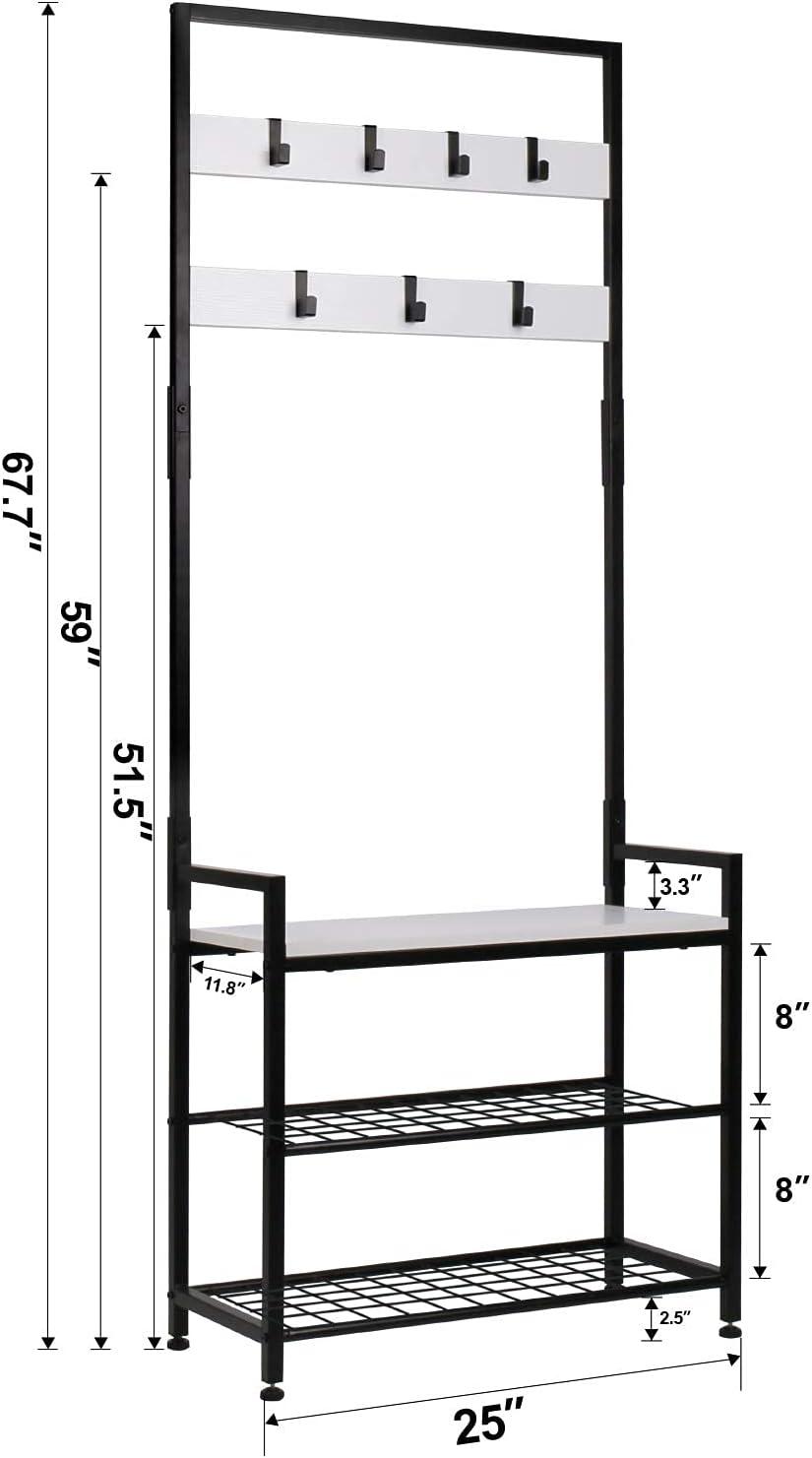 HOMEKOKO Coat Rack Shoe Bench, Hall Tree Entryway Storage Bench, Wood Look Accent Furniture with Metal Frame, 3-in-1 Design