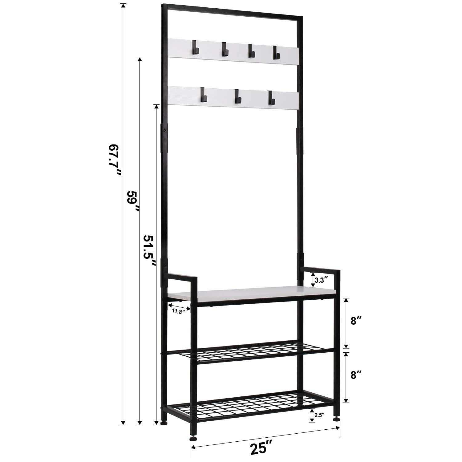 HOMEKOKO Coat Rack Shoe Bench, Hall Tree Entryway Storage Bench, Wood Look Accent Furniture with Metal Frame, 3-in-1 Design