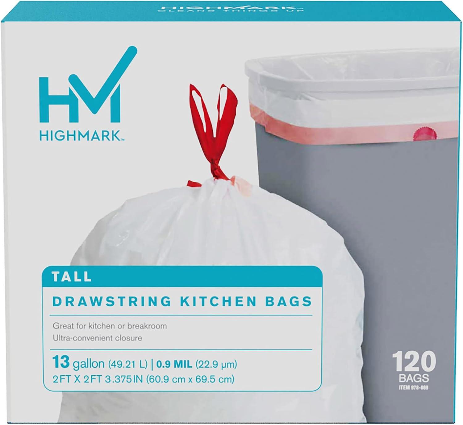 Highmark 13-Gallon White Plastic Drawstring Kitchen Trash Bags, Box of 120