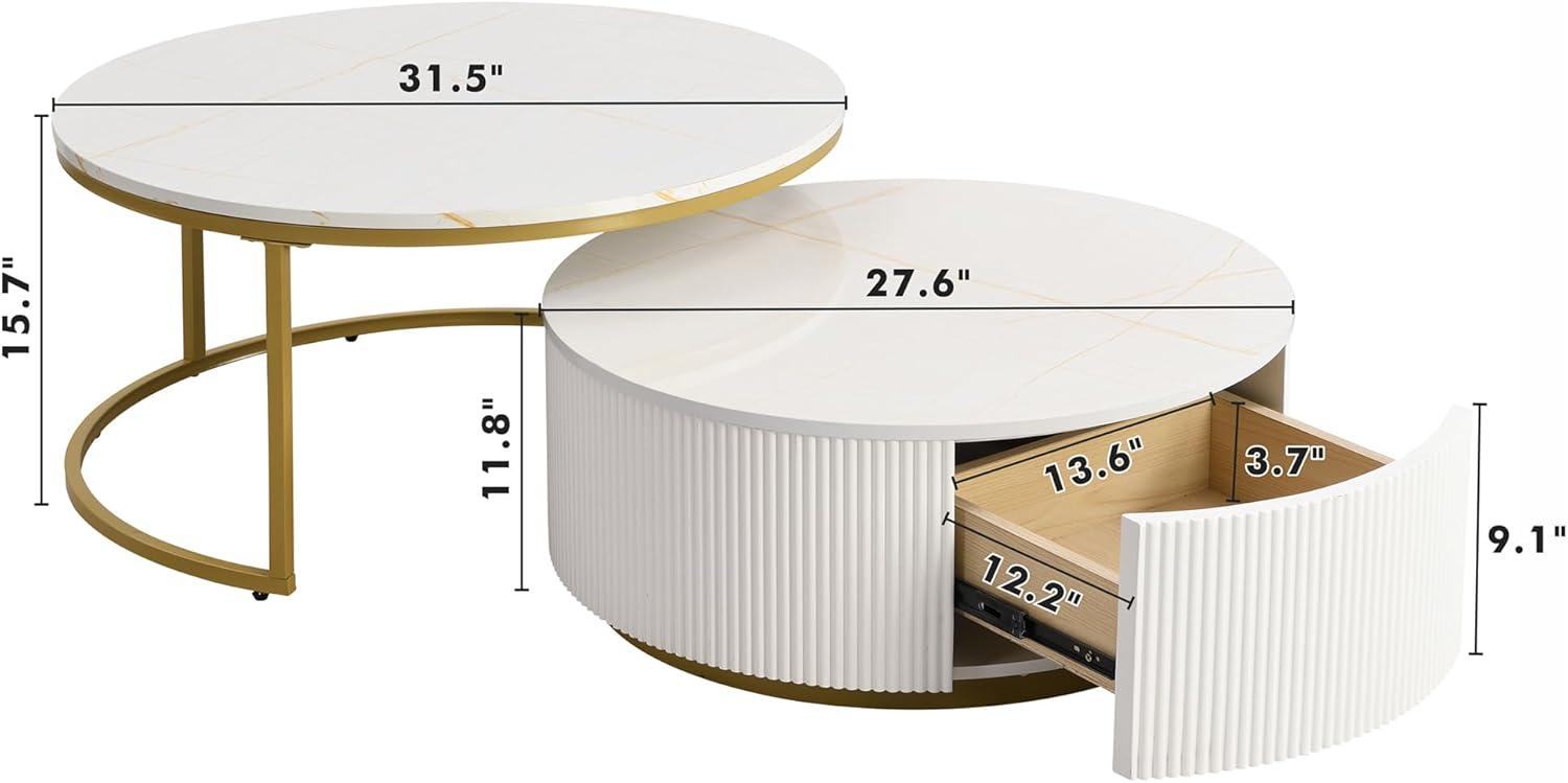 Modern Round Nesting Coffee Table Fluted with Drawer Multiple End Tables Utility Table Telephone Table for Living Room Office Bedroom Balcony, White & Gold