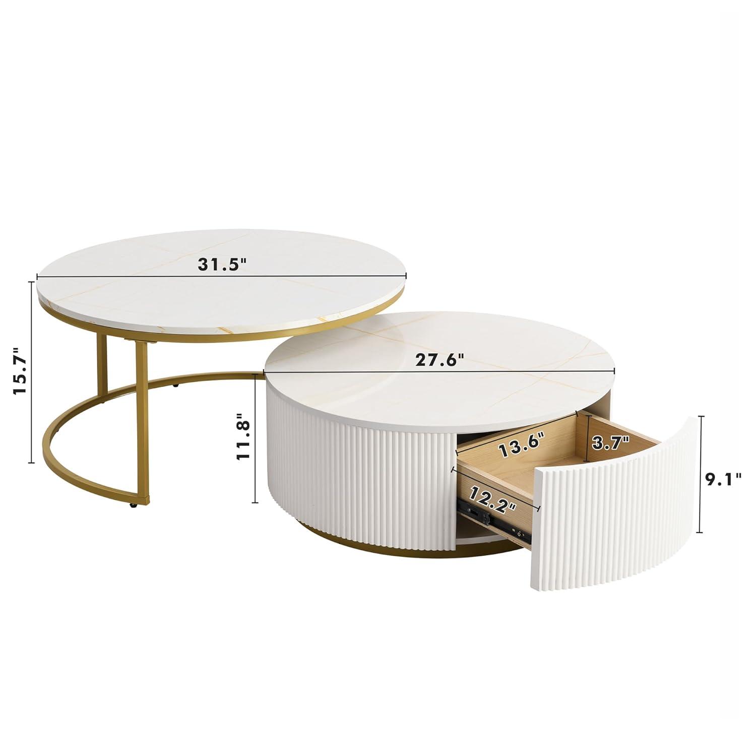 Modern Round Nesting Coffee Table Fluted with Drawer Multiple End Tables Utility Table Telephone Table for Living Room Office Bedroom Balcony, White & Gold
