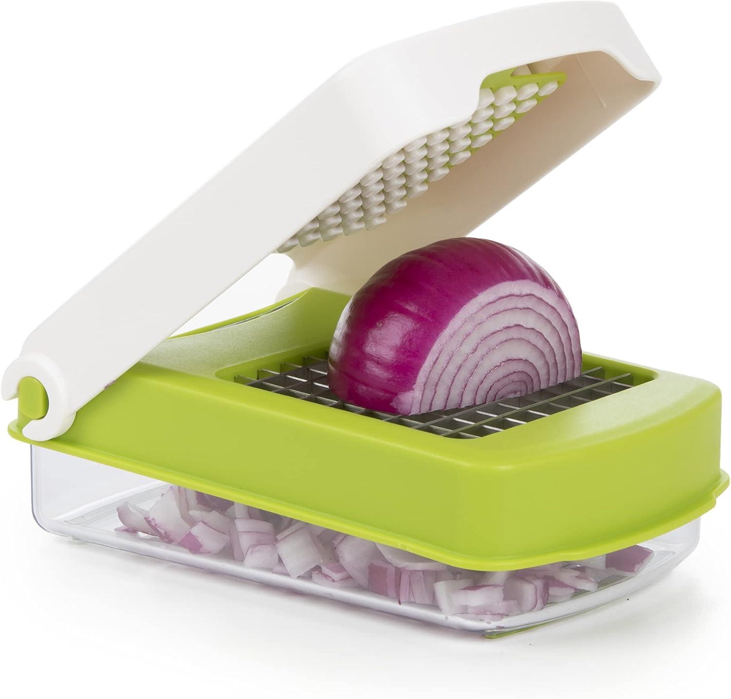 Prepworks Compact Veggie Chopper: Manual Food Chopper & Slicer, Stainless Steel Blade, Dishwasher-Safe, Green/White/Clear